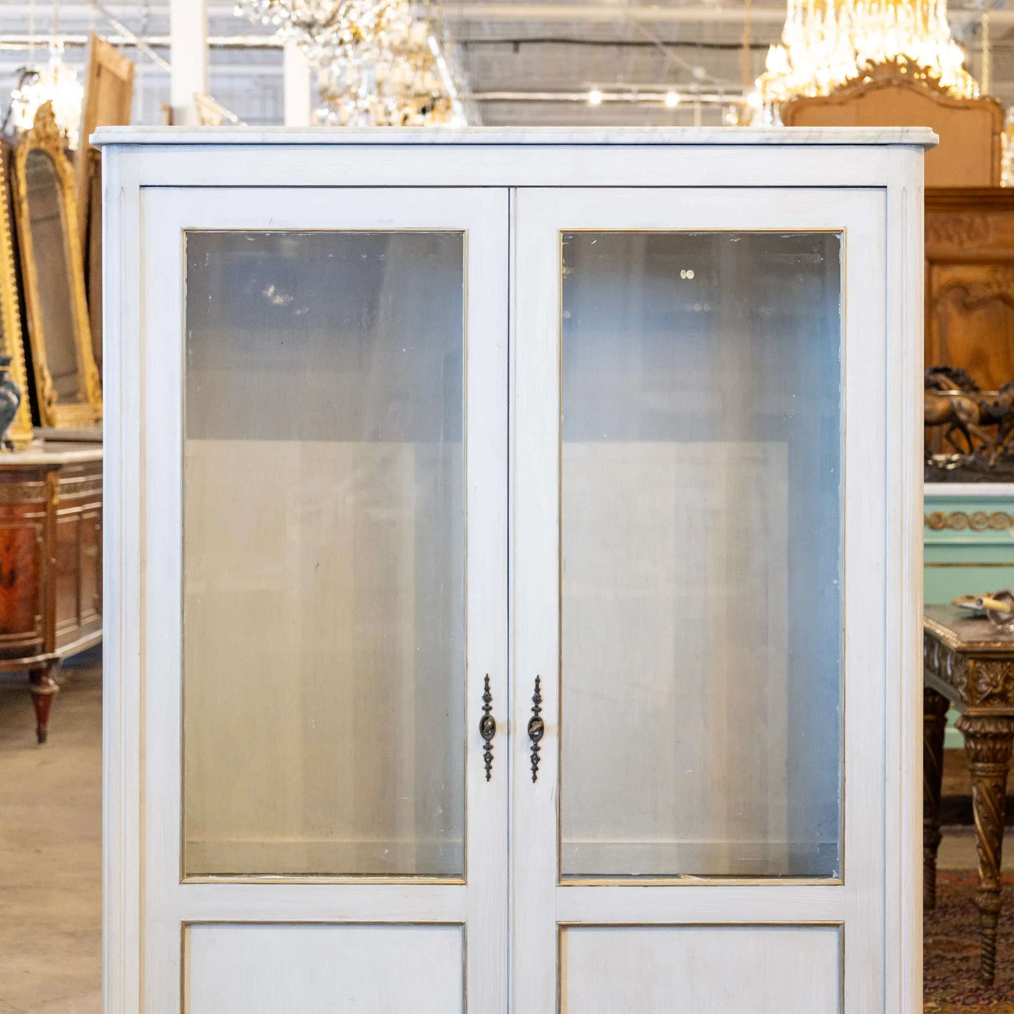 Louis XVI Glass Door Cabinet – Gold Inlay & White Marble Top - Image 3