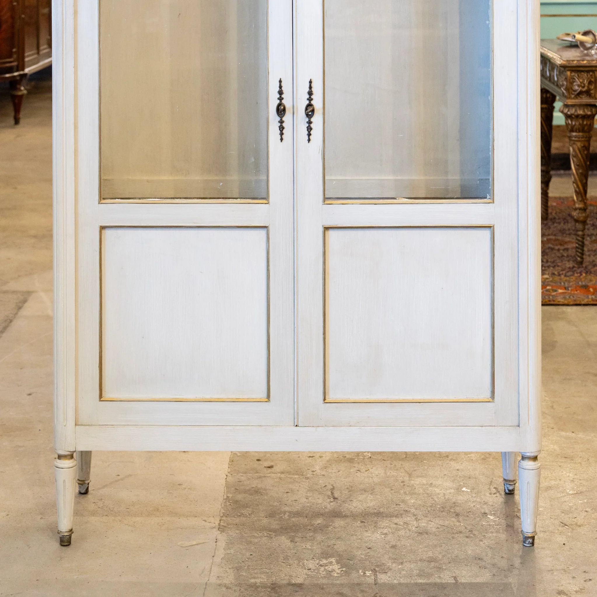 Louis XVI Glass Door Cabinet – Gold Inlay & White Marble Top - Image 4