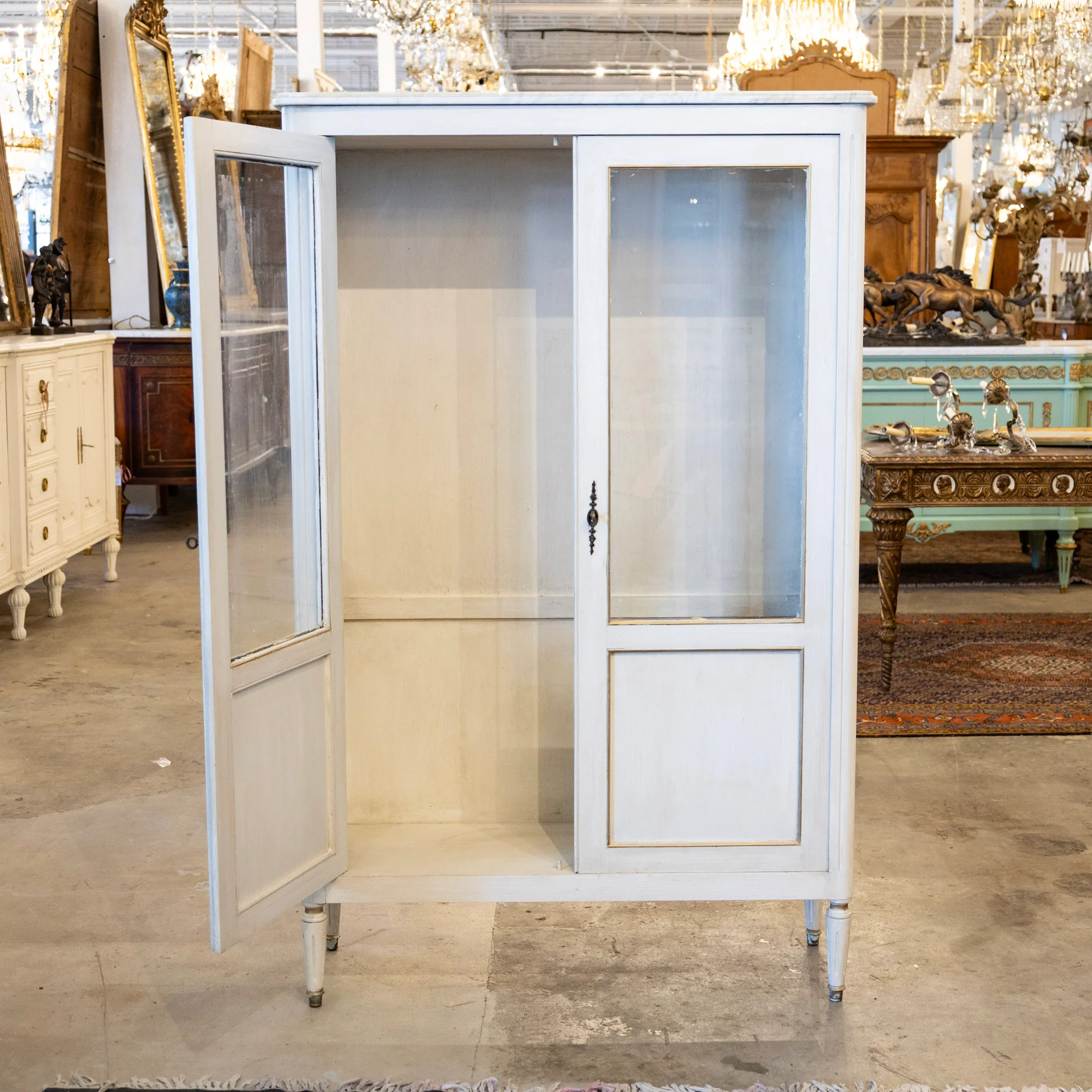 Louis XVI Glass Door Cabinet – Gold Inlay & White Marble Top - Image 5