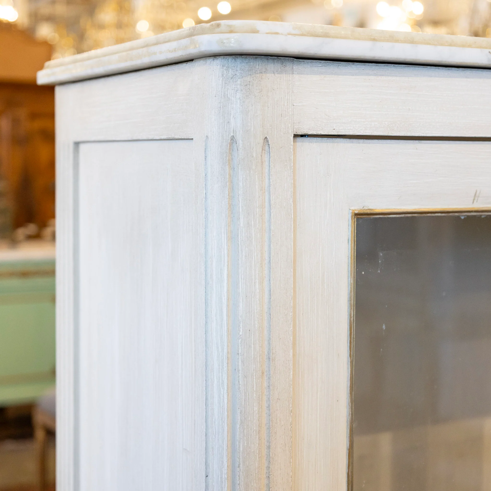 Louis XVI Glass Door Cabinet – Gold Inlay & White Marble Top - Image 6