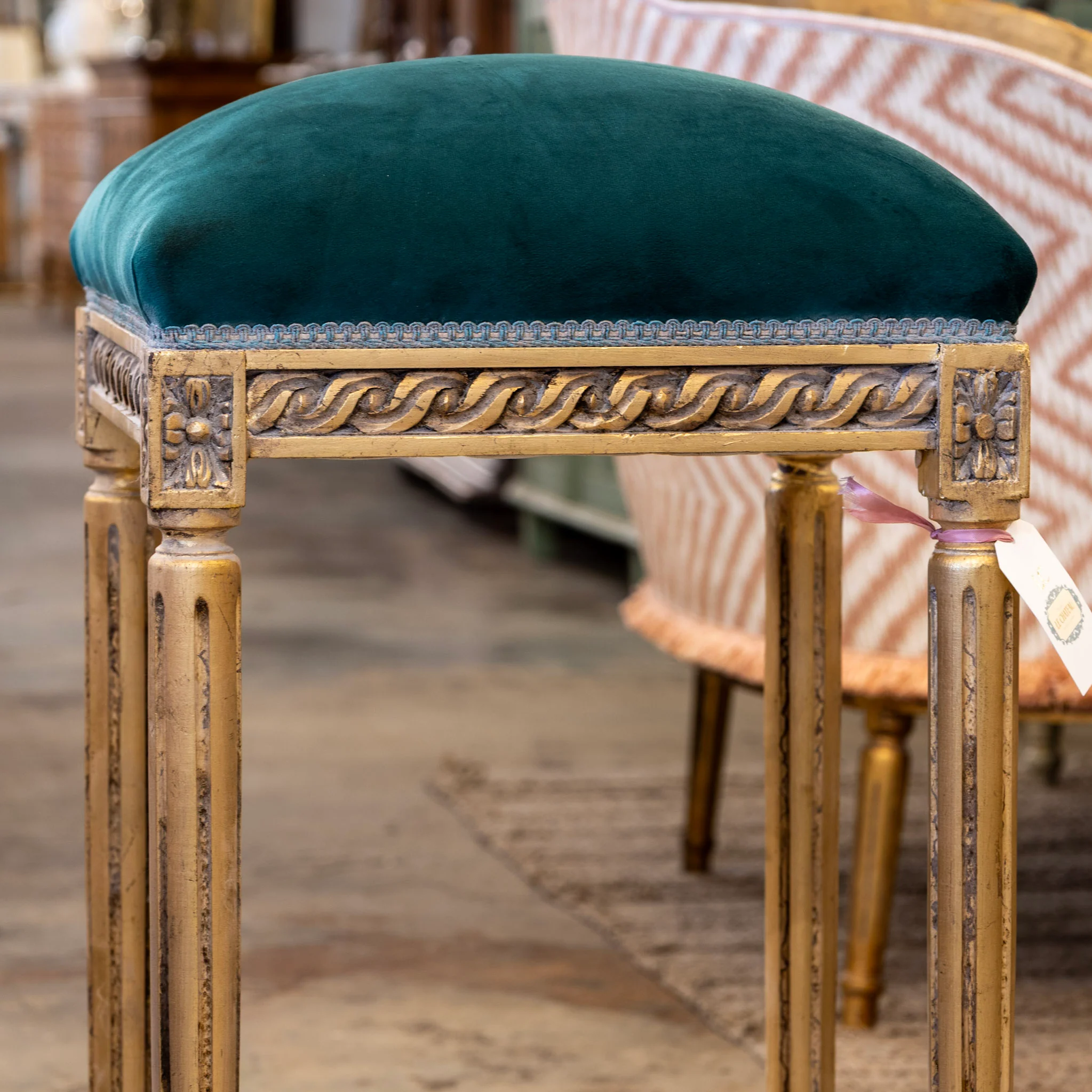 Louis XVI Gold Bar Stool – Carved Trim & Dark Green Velvet Upholstery - Image 3