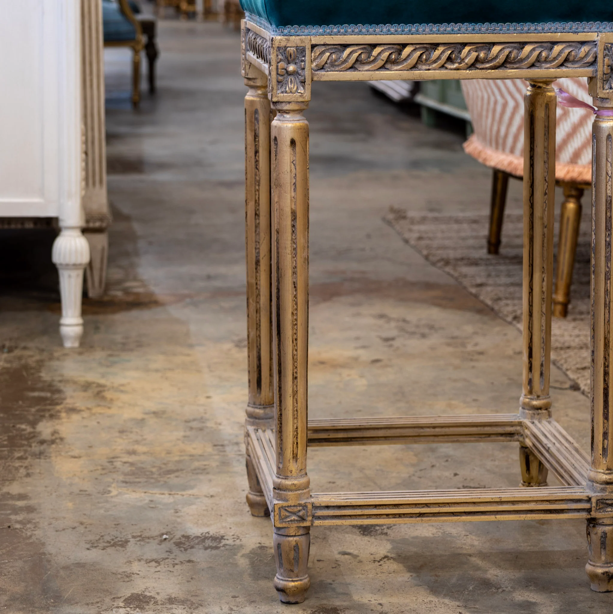 Louis XVI Gold Bar Stool – Carved Trim & Dark Green Velvet Upholstery - Image 4