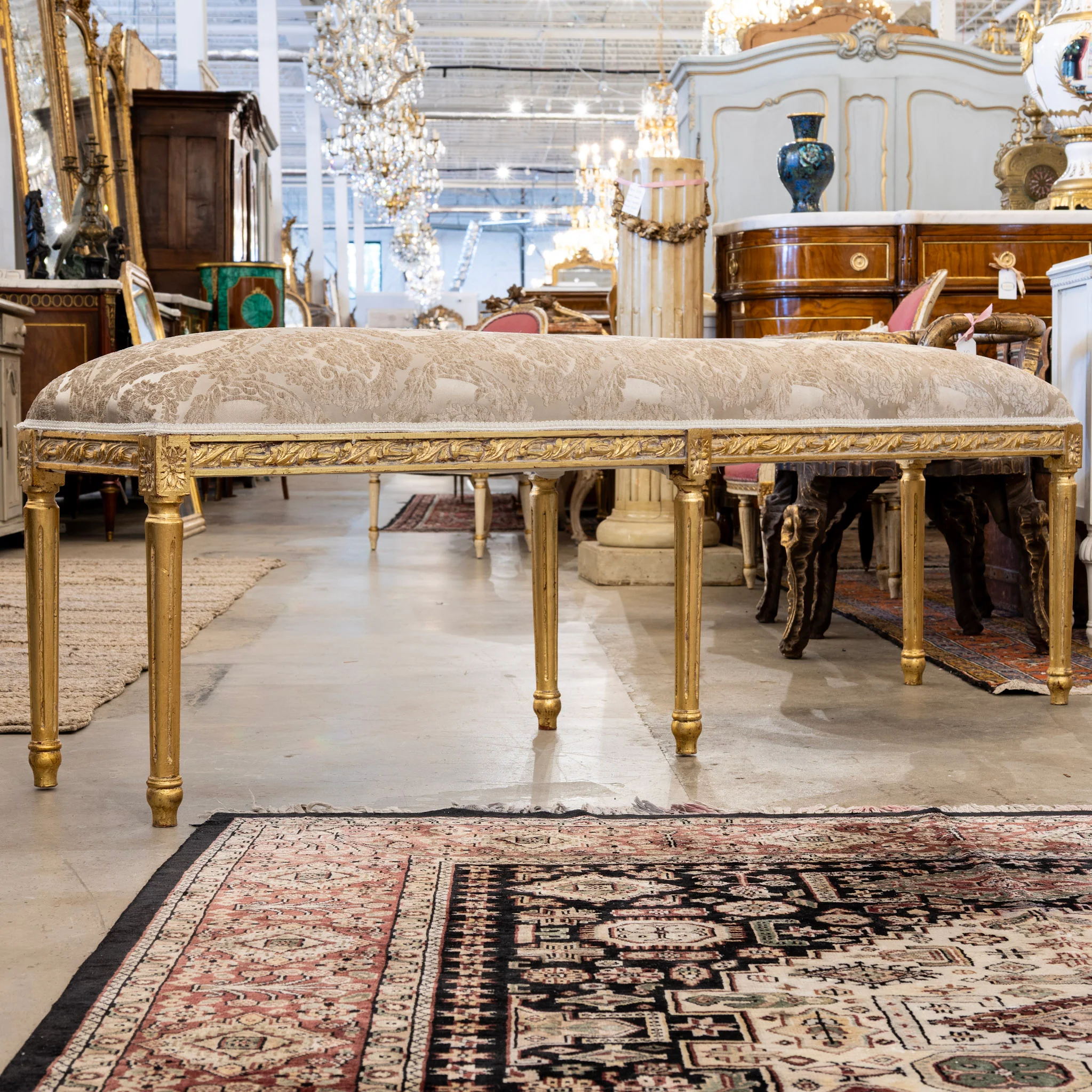 Louis XVI Gilded Bench – Beige Velvet Damask Upholstery