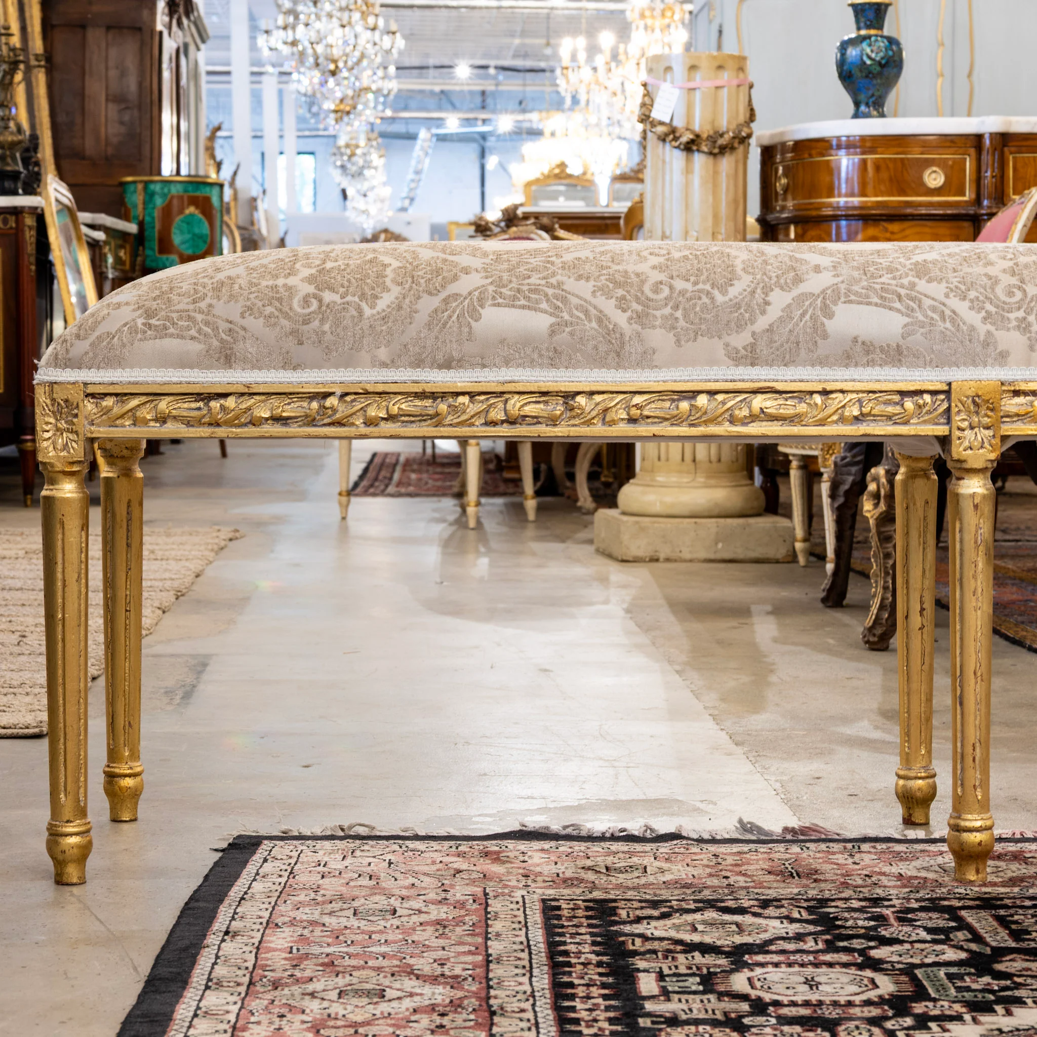 Louis XVI Gilded Bench – Beige Velvet Damask Upholstery - Image 2