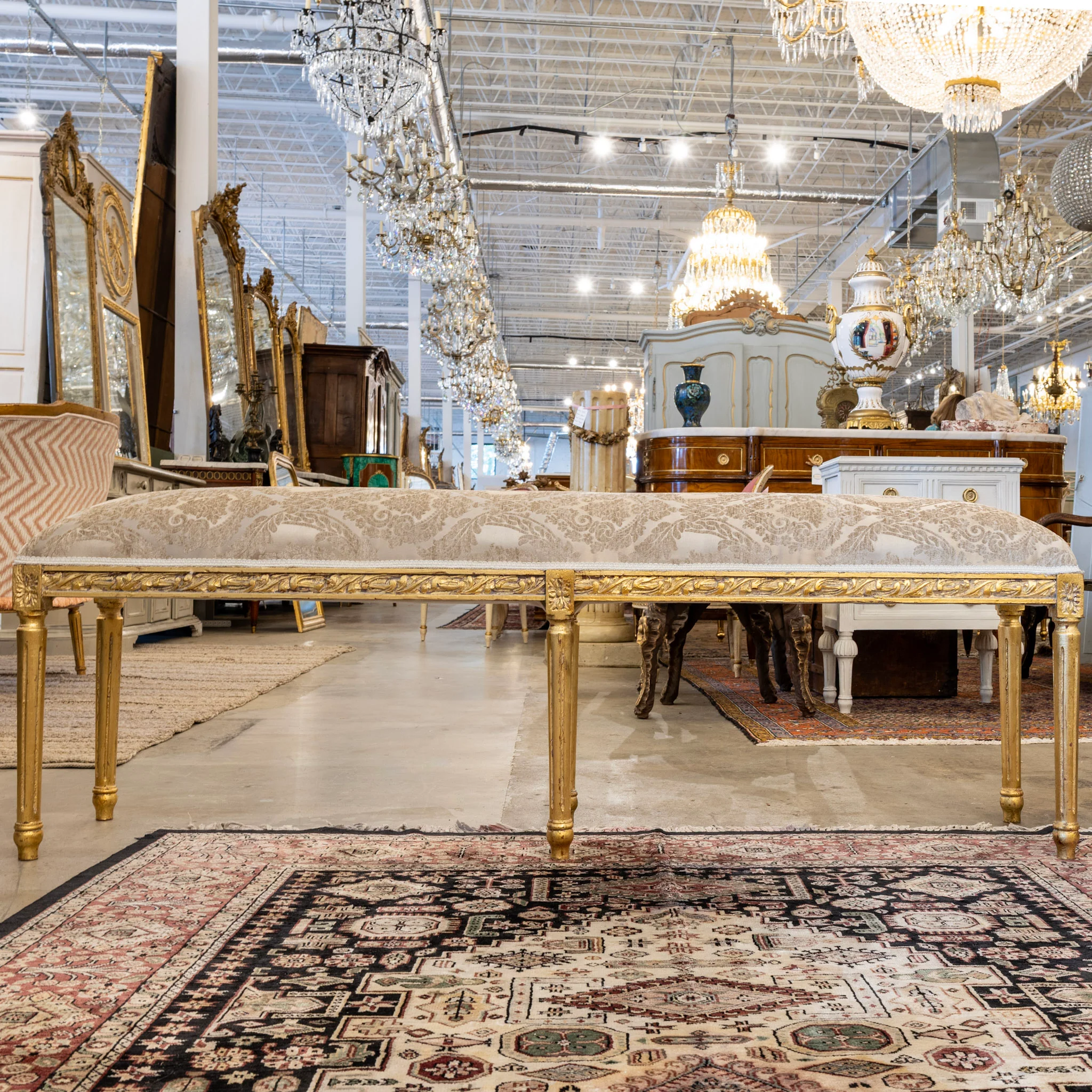 Louis XVI Gilded Bench – Beige Velvet Damask Upholstery - Image 3