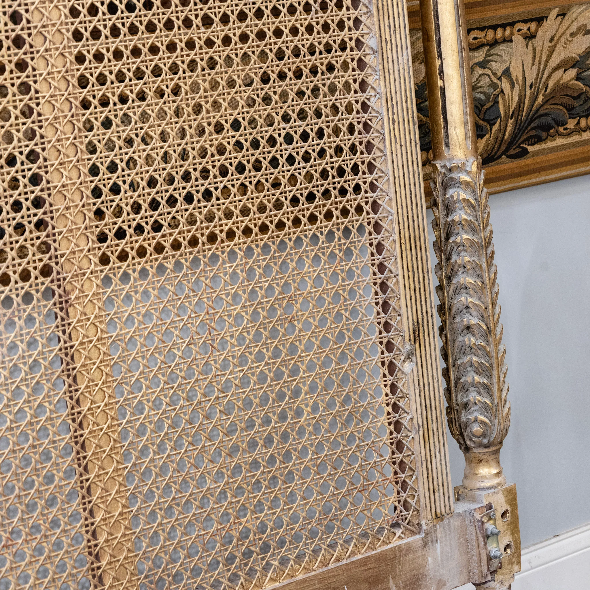 Louis XVI Gold Cane King Size Bed Set – Carved Crest & Fluted Posts - Image 10