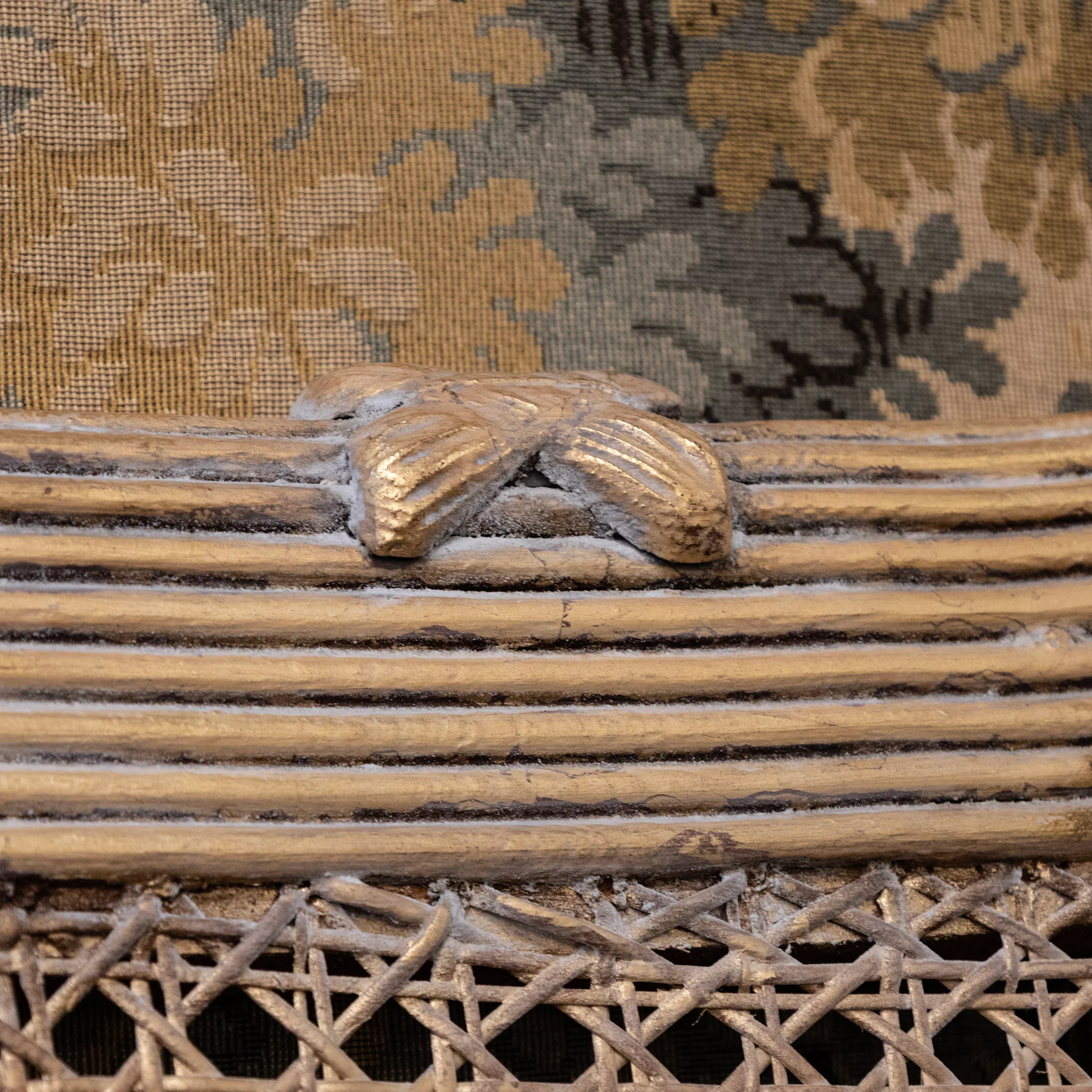 Louis XVI Gold Cane King Size Bed Set – Carved Crest & Fluted Posts - Image 5