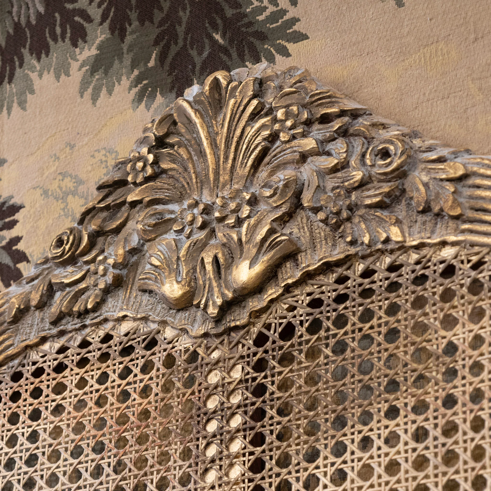 Louis XVI Gold Cane King Size Bed Set – Carved Crest & Fluted Posts - Image 8