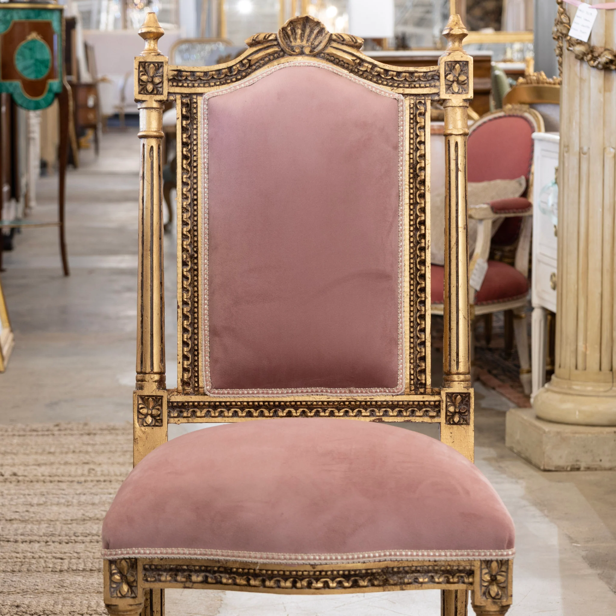 Louis XVI Square Gilded Dining Chair – Pink Velvet Upholstery - Image 4