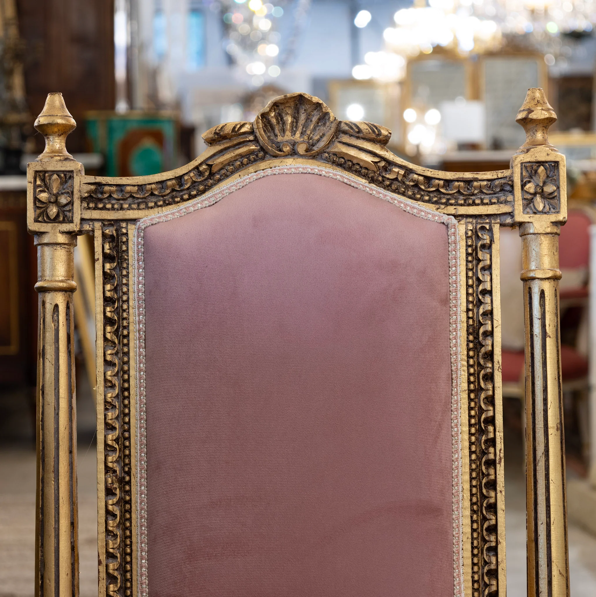Louis XVI Square Gilded Dining Chair – Pink Velvet Upholstery - Image 5
