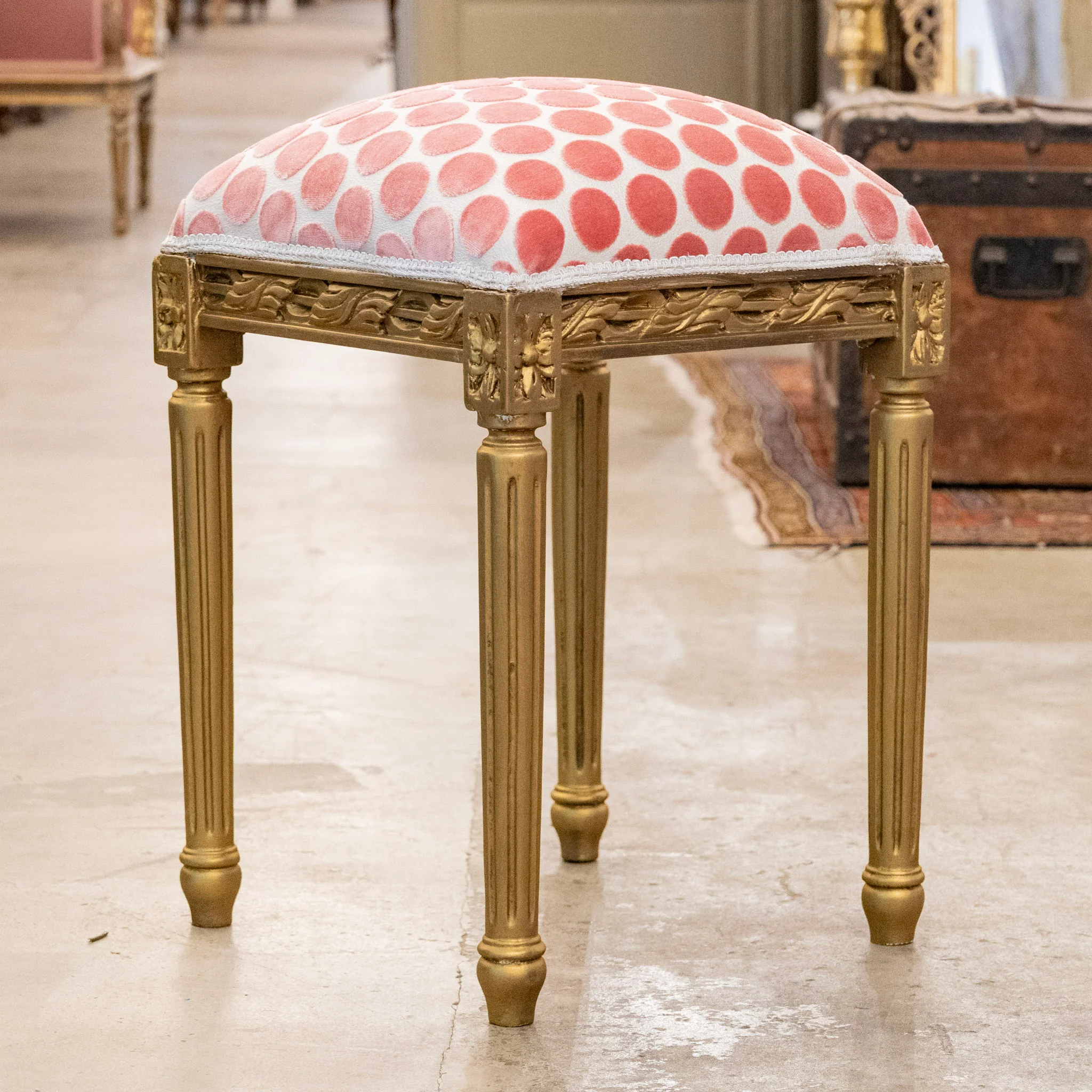 Louis XVI Gold Square Stool – Pink Velvet Polka Dot - Image 2