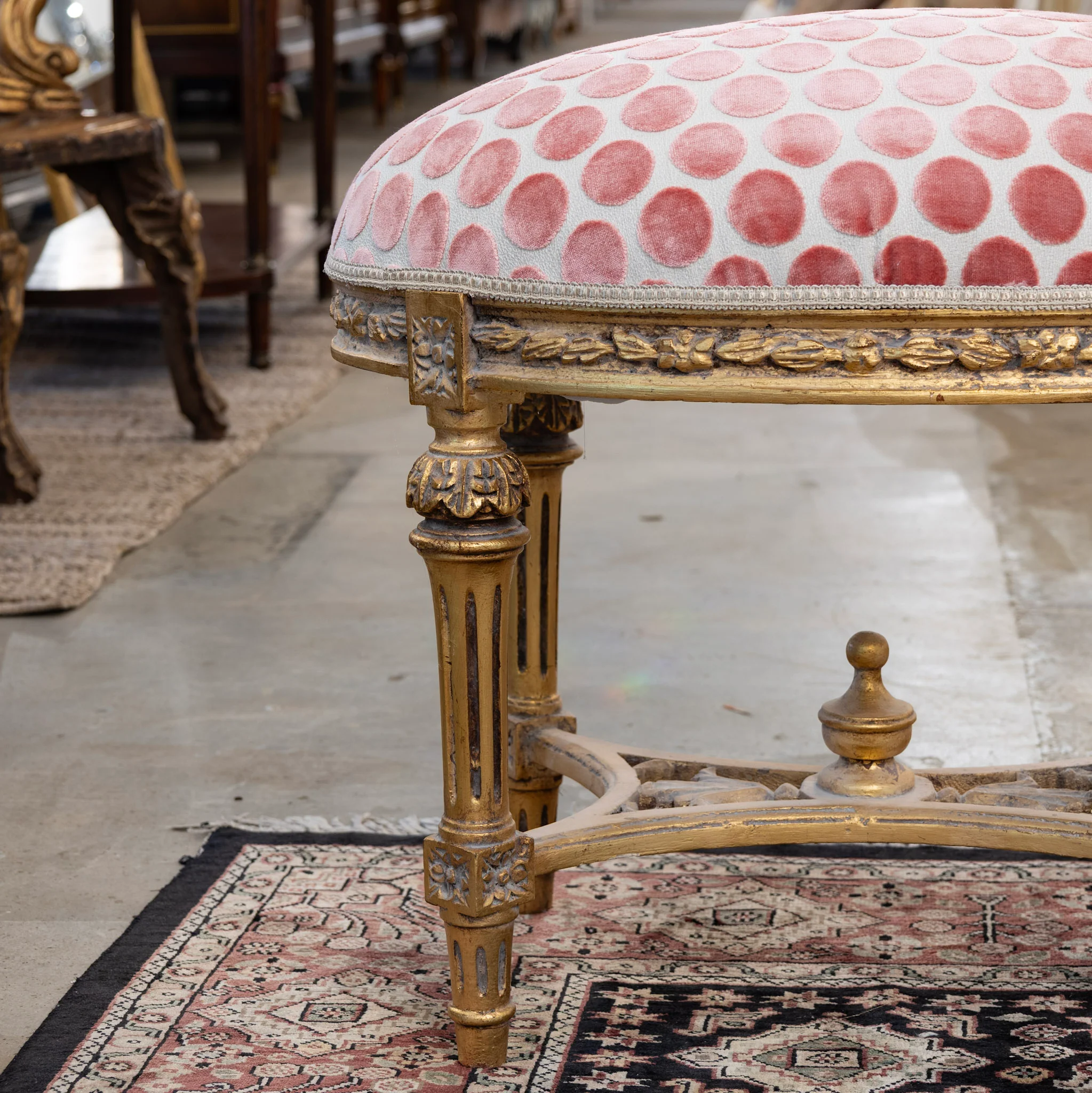 Louis XVI Gold Stool – Pink Polka Dot Velvet - Image 3