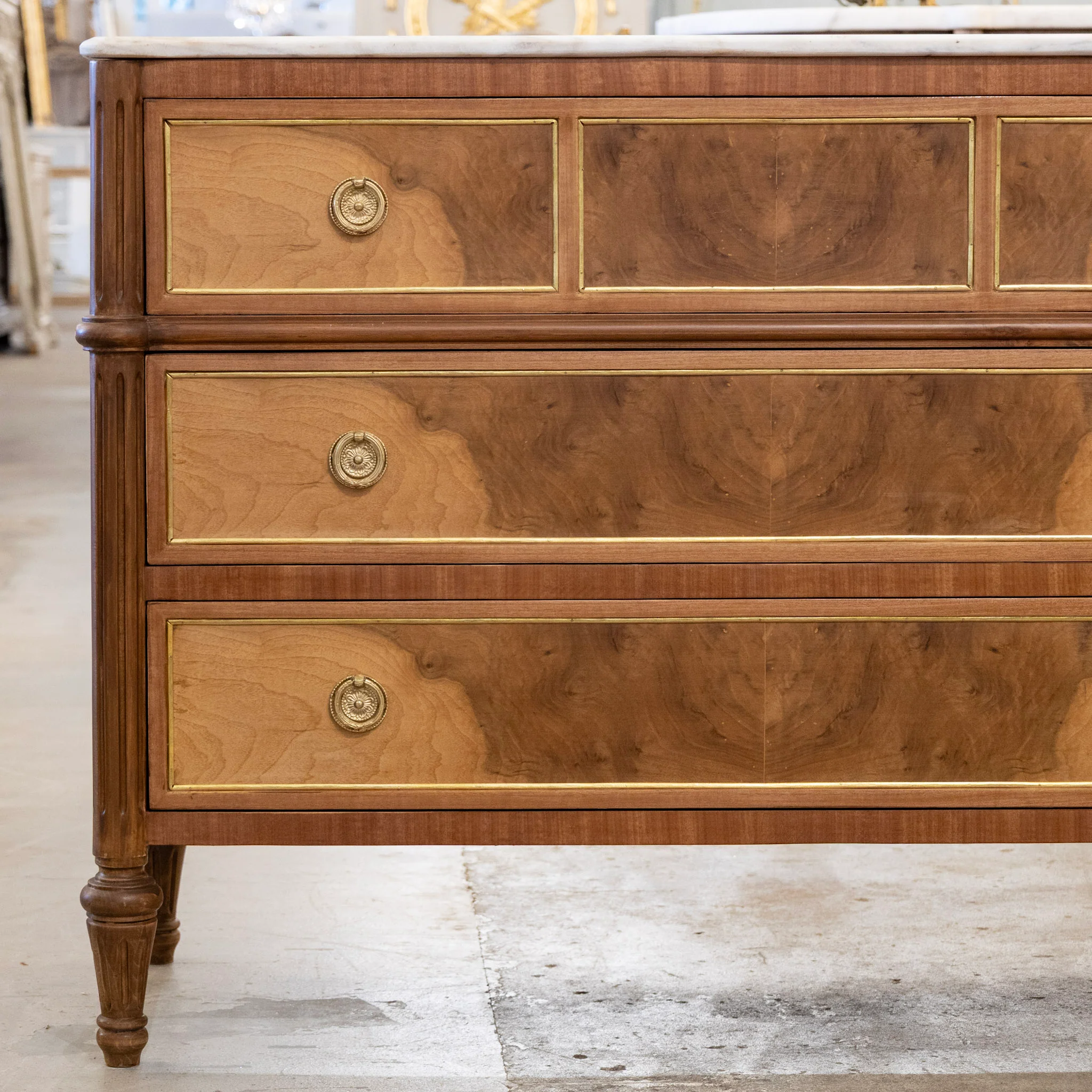 Louis XVI Light Burl Wood 3-Drawer Chest – White Marble Top - Image 2