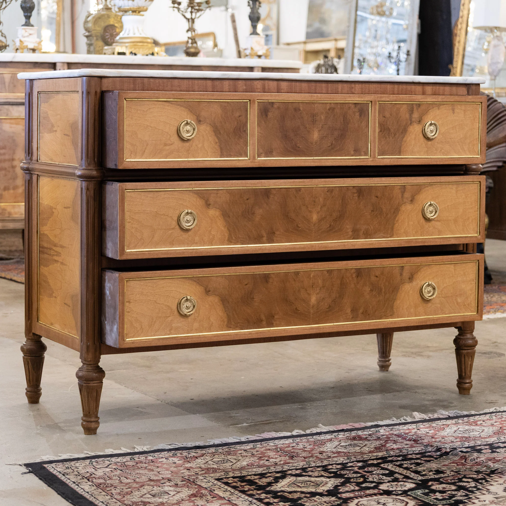 Louis XVI Light Burl Wood 3-Drawer Chest – White Marble Top - Image 3