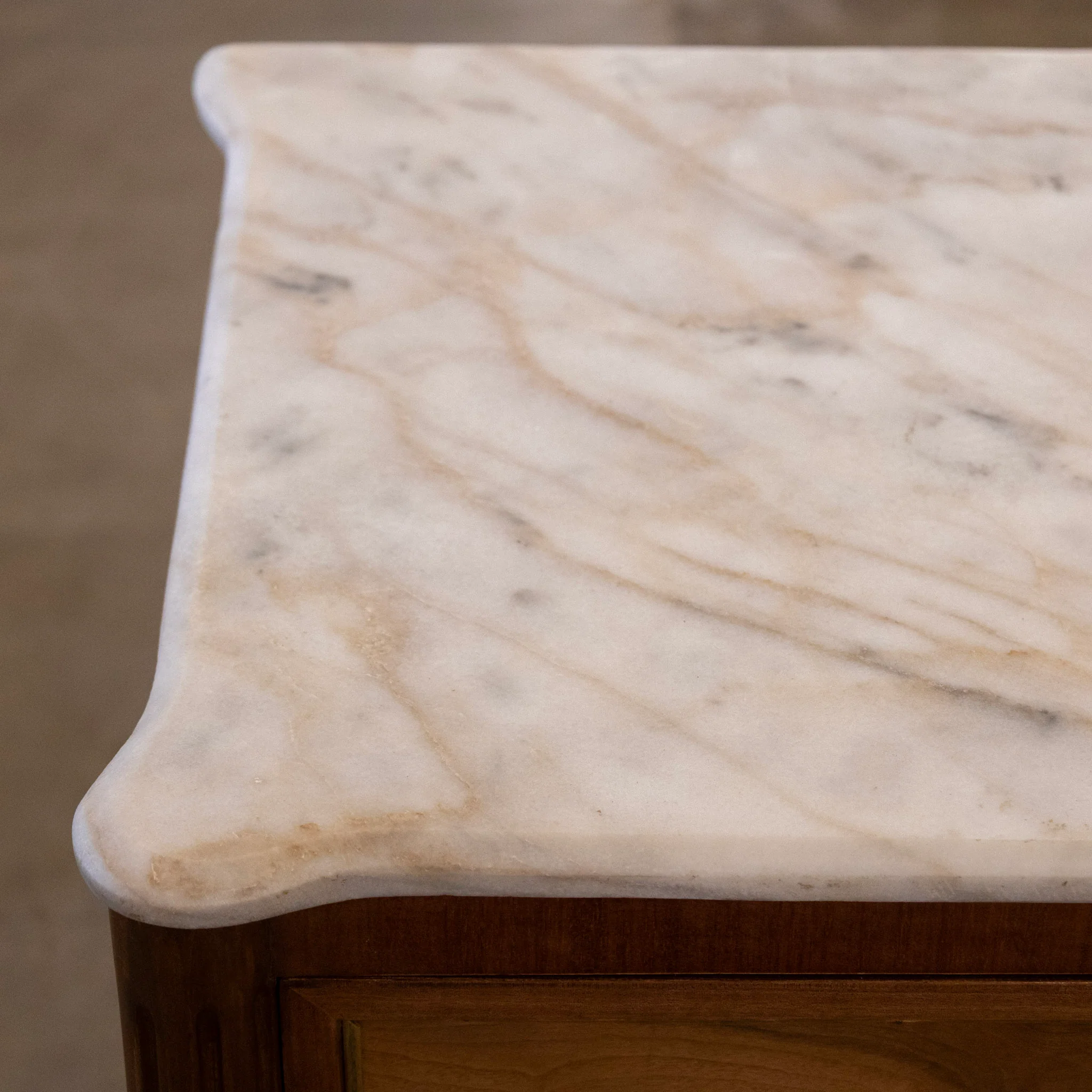 Louis XVI Light Burl Wood 3-Drawer Chest – White Marble Top - Image 7