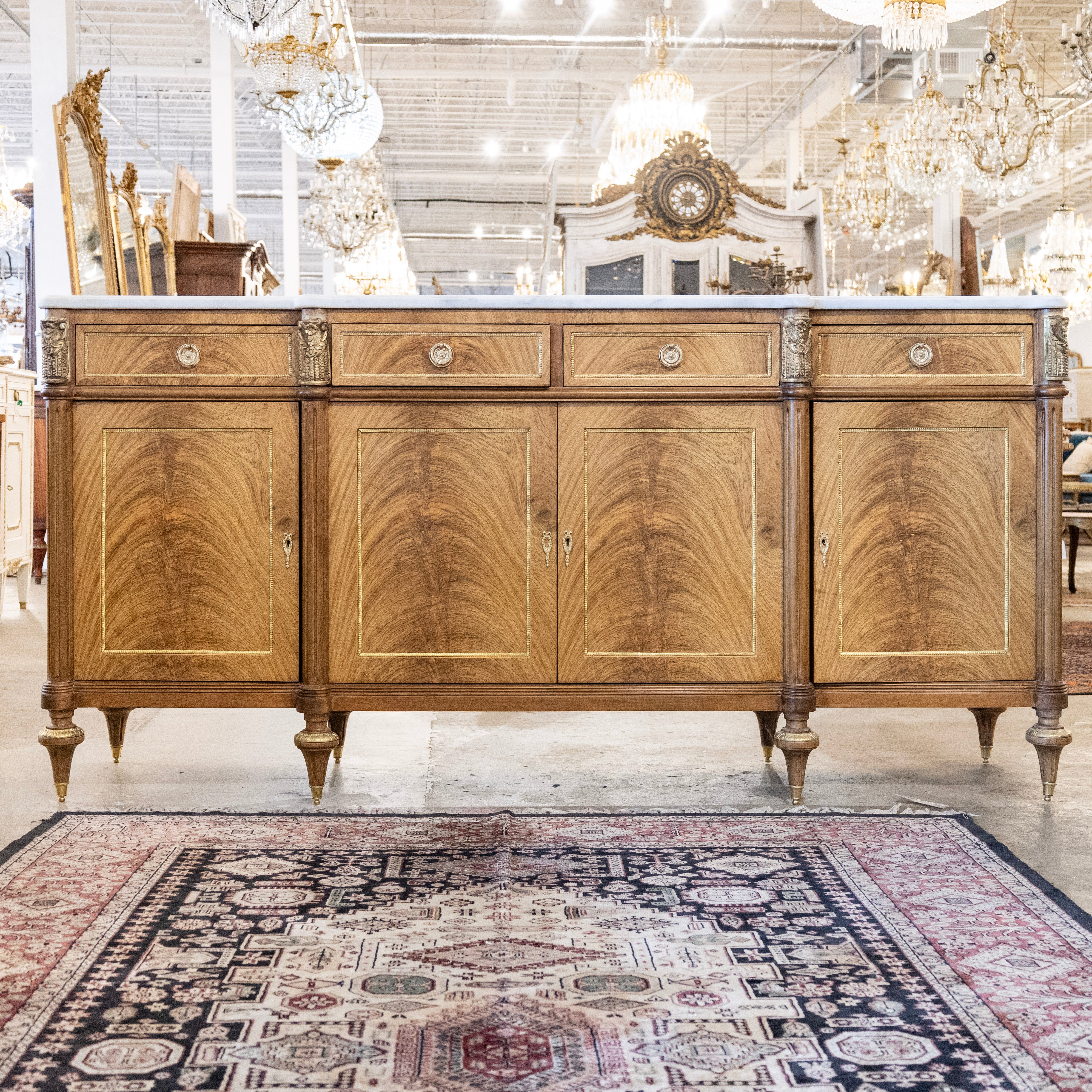 Louis XVI Light Burl Wood Sideboard – Brass Trim & White Marble Top