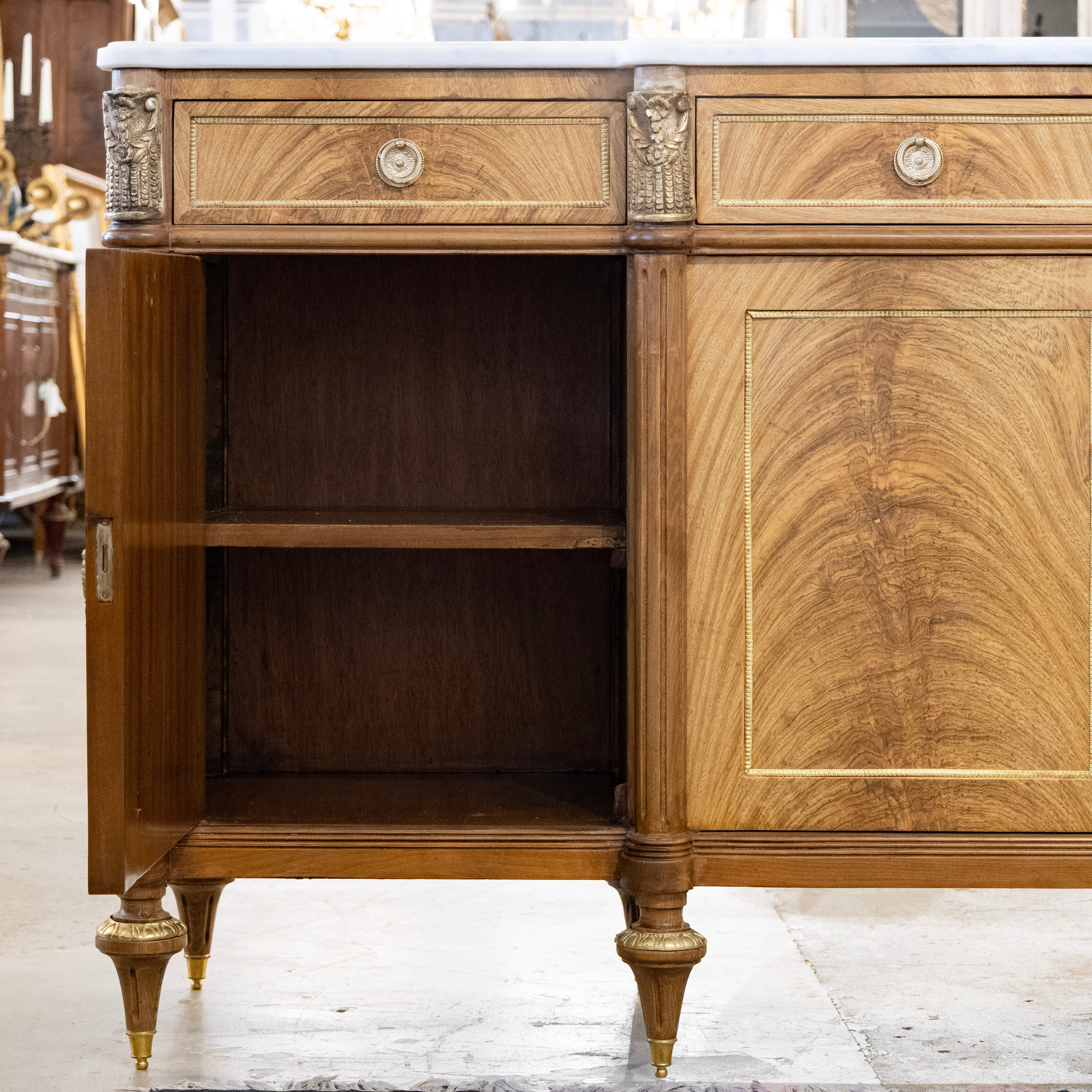 Louis XVI Light Burl Wood Sideboard – Brass Trim & White Marble Top - Image 3