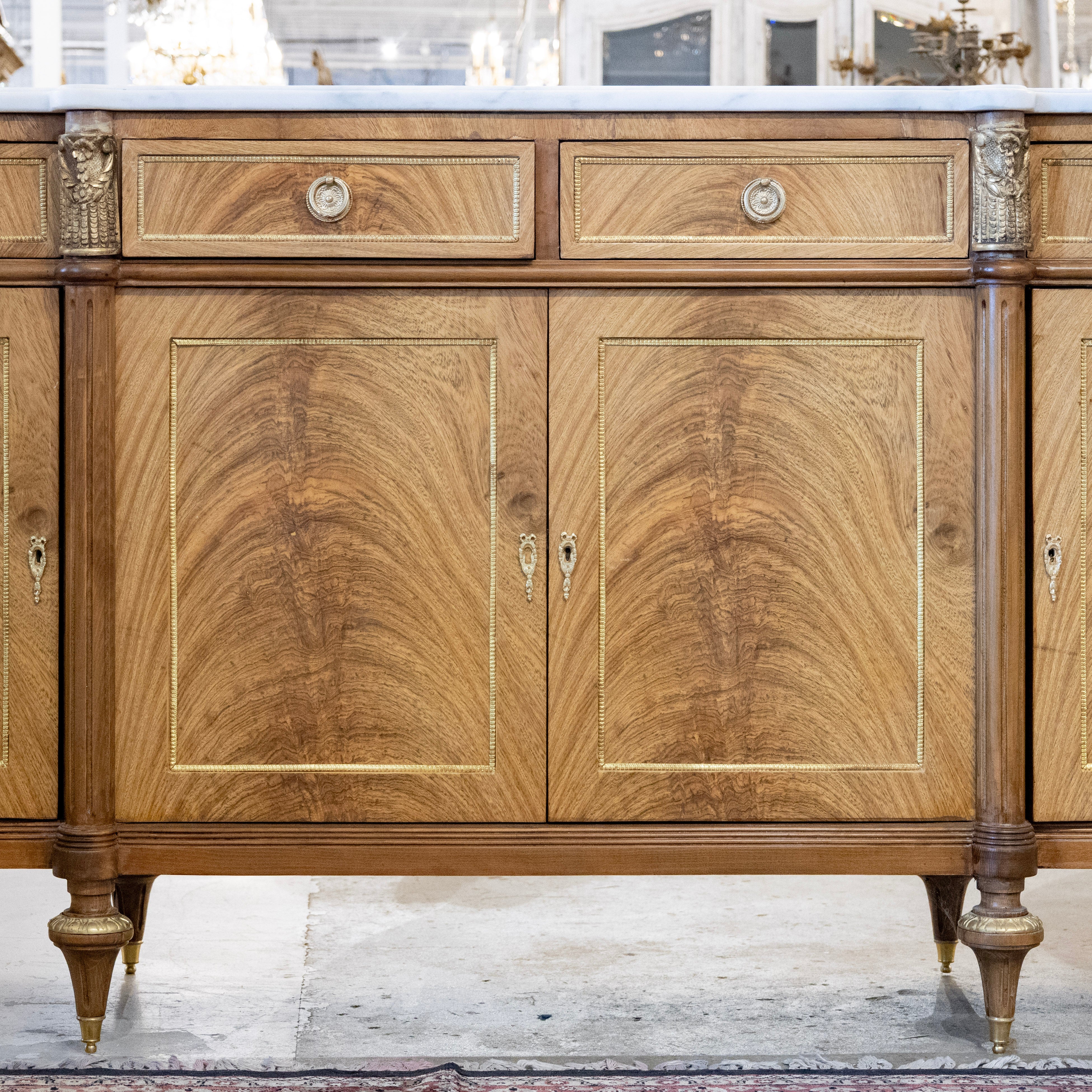 Louis XVI Light Burl Wood Sideboard – Brass Trim & White Marble Top - Image 4