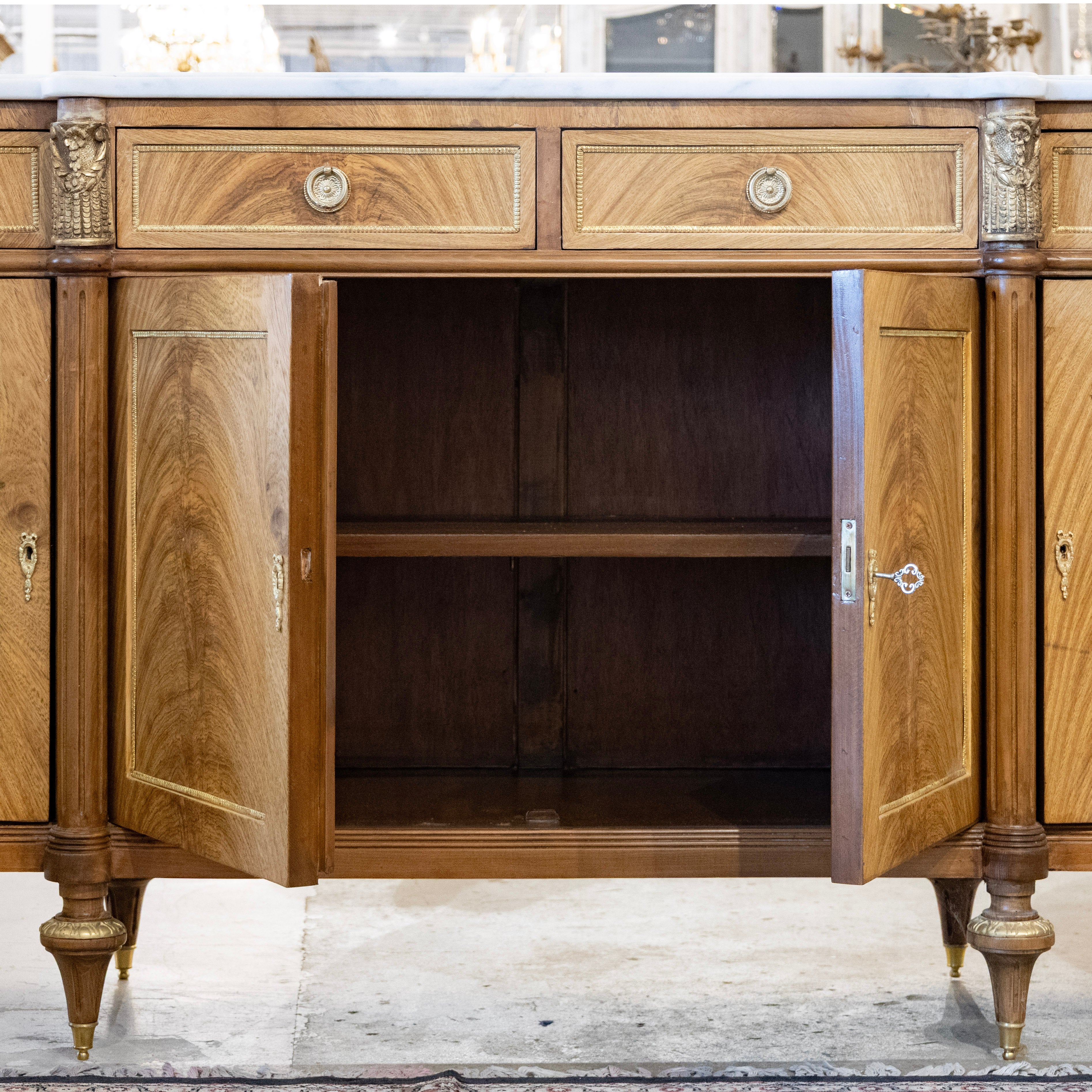 Louis XVI Light Burl Wood Sideboard – Brass Trim & White Marble Top - Image 5