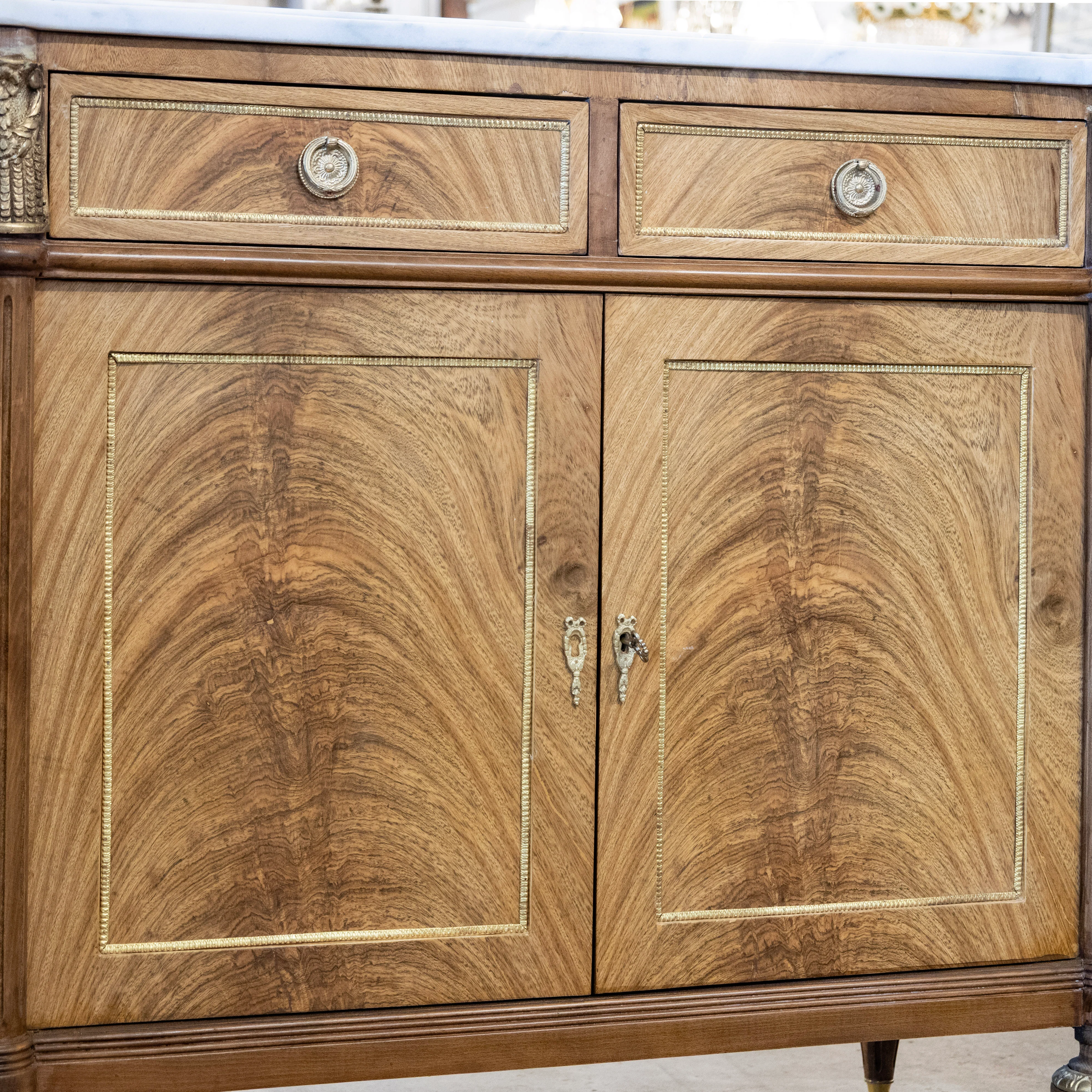Louis XVI Light Burl Wood Sideboard – Brass Trim & White Marble Top - Image 6
