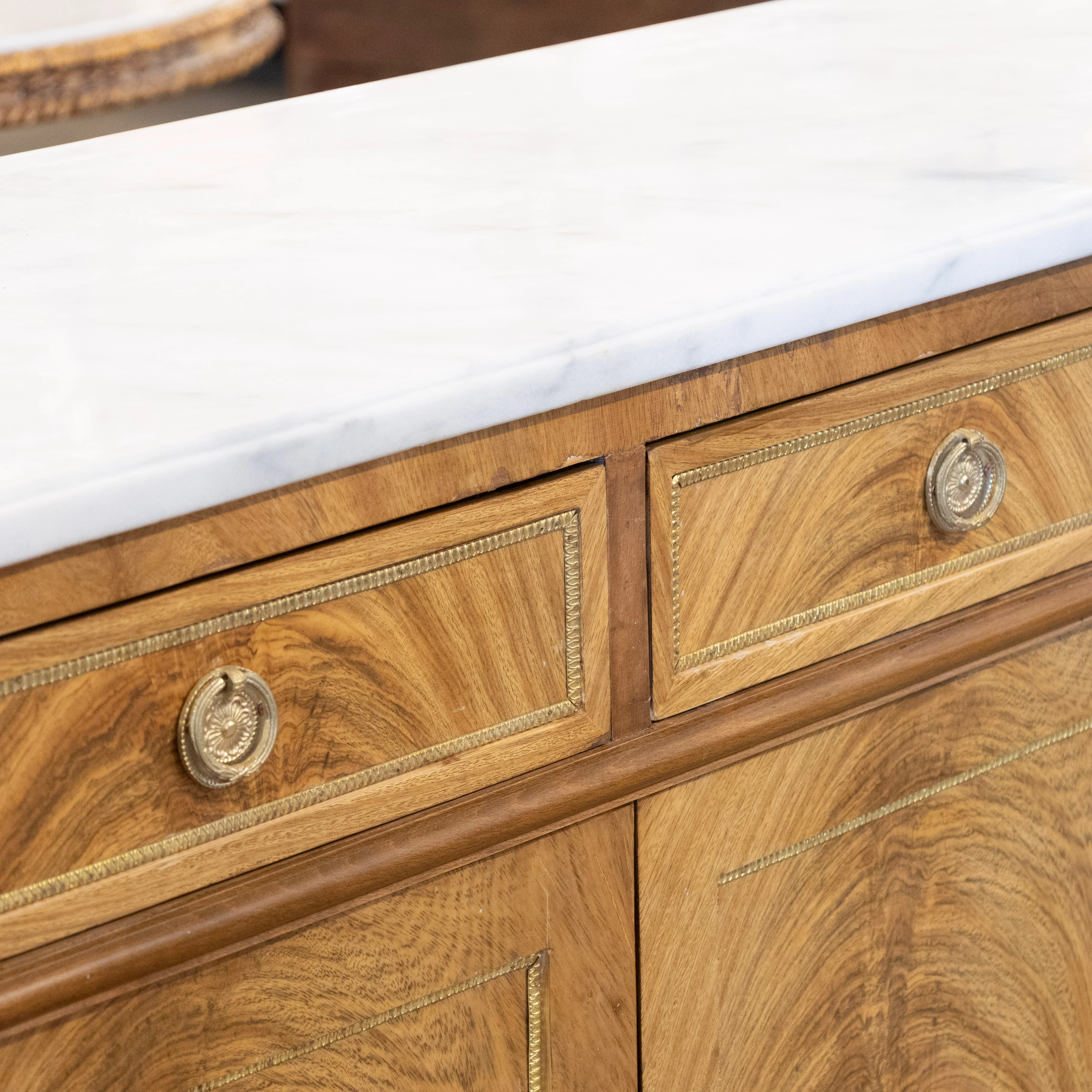 Louis XVI Light Burl Wood Sideboard – Brass Trim & White Marble Top - Image 8
