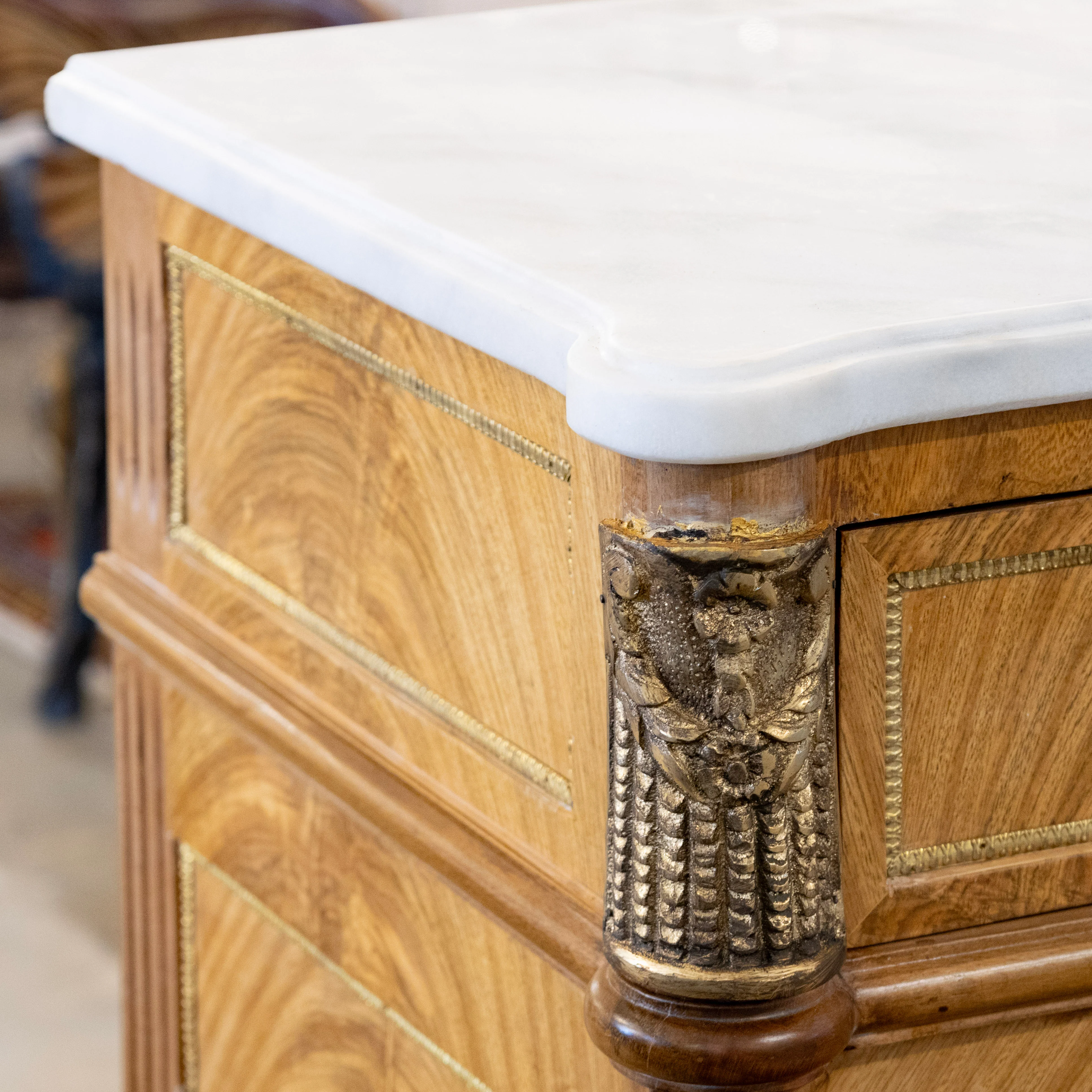 Louis XVI Light Burl Wood Sideboard – Brass Trim & White Marble Top - Image 9