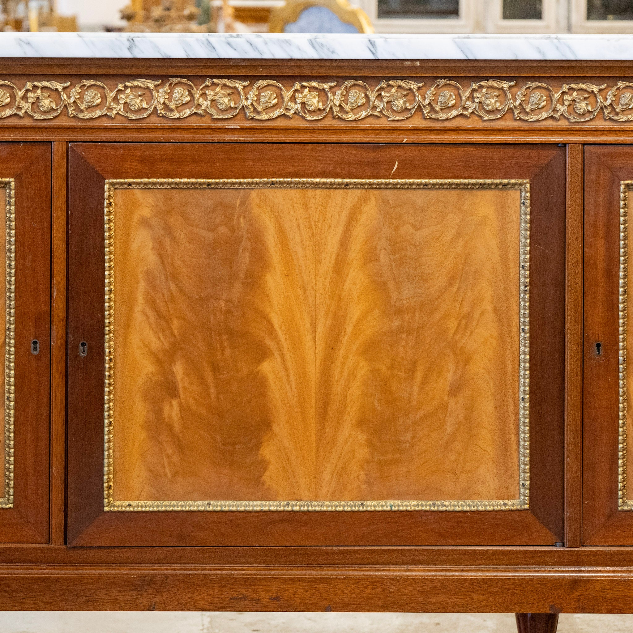 Louis XVI Mahogany Demilune Sideboard – Bronze Laurel Trim & White Marble Top - Image 10