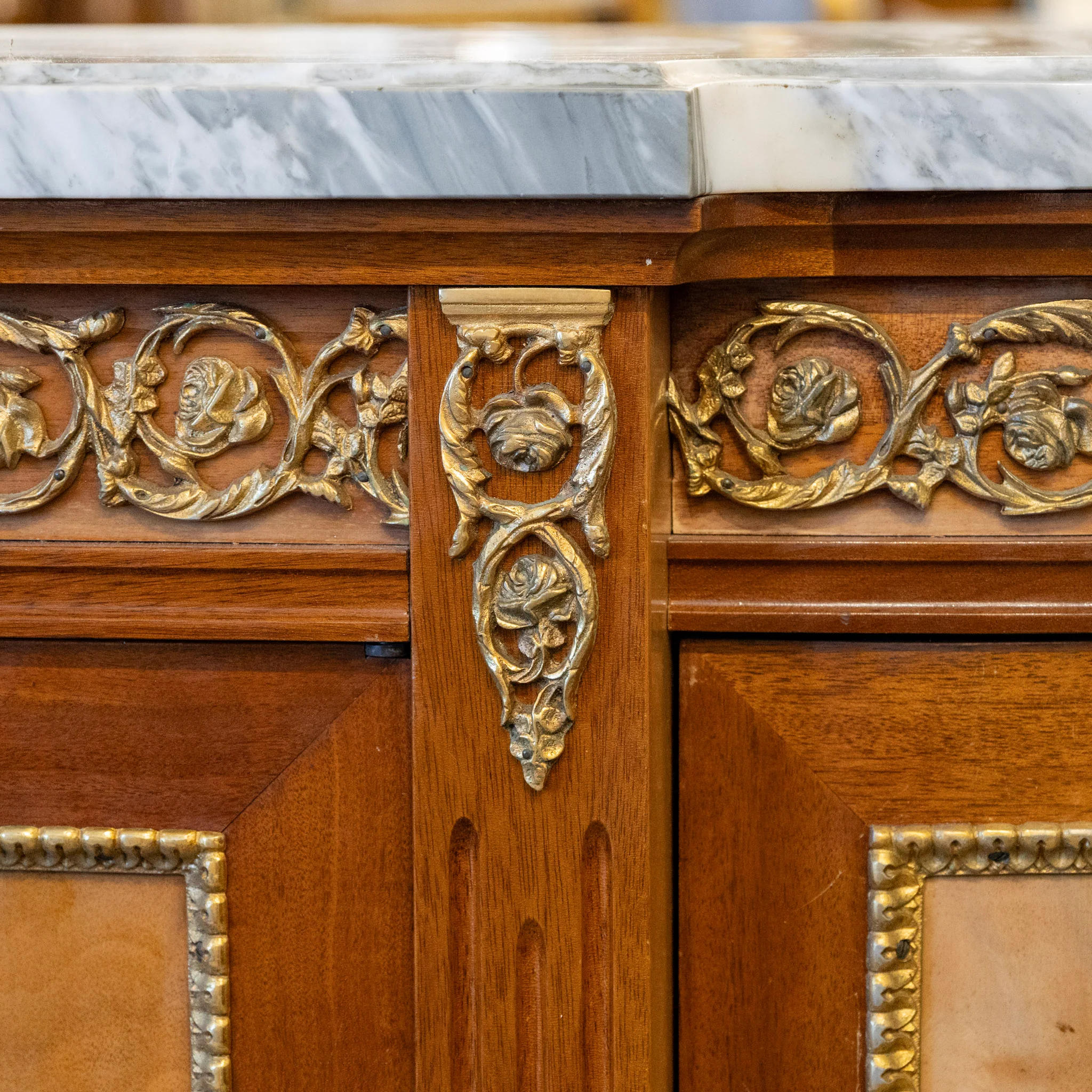 Louis XVI Mahogany Demilune Sideboard – Bronze Laurel Trim & White Marble Top - Image 11