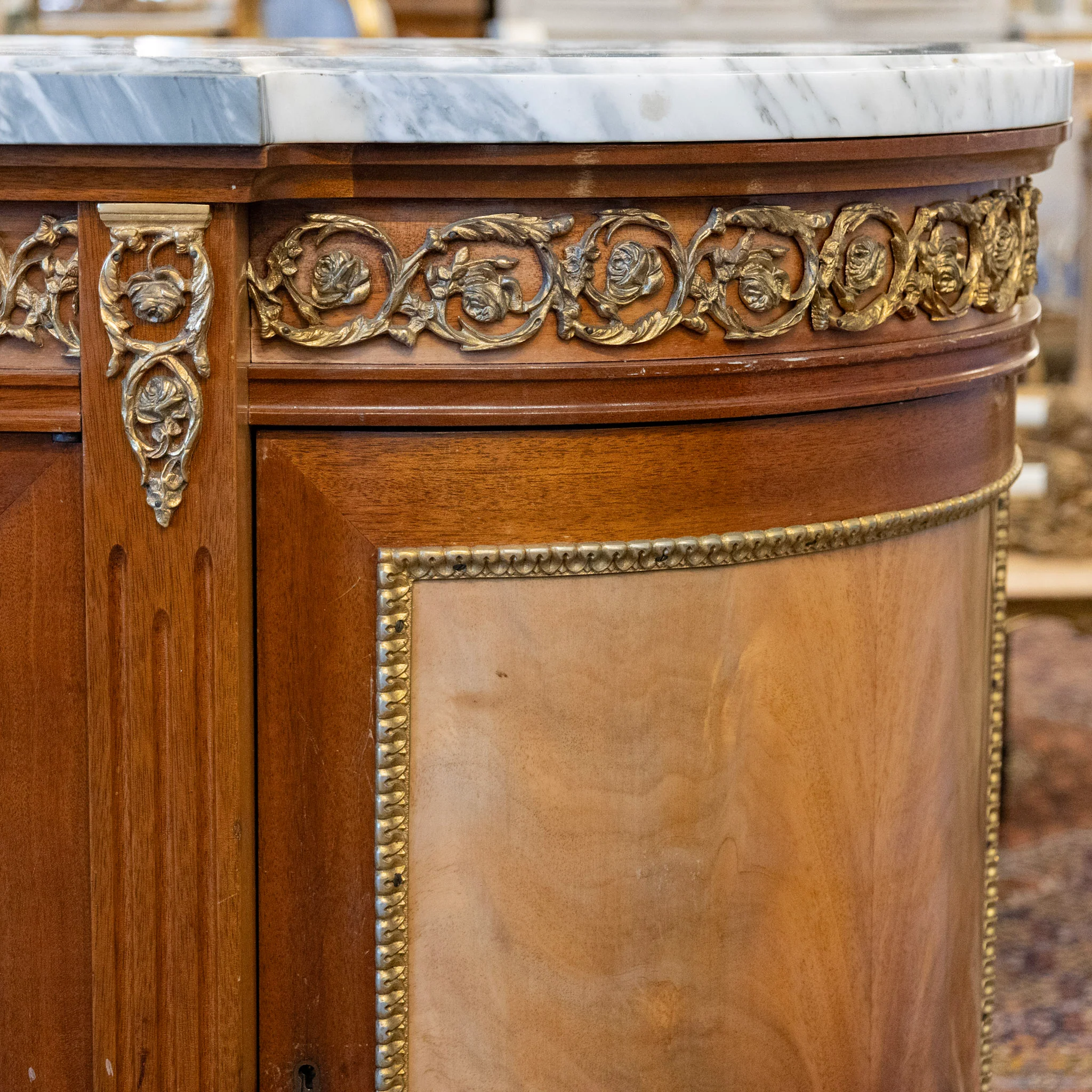 Louis XVI Mahogany Demilune Sideboard – Bronze Laurel Trim & White Marble Top - Image 12