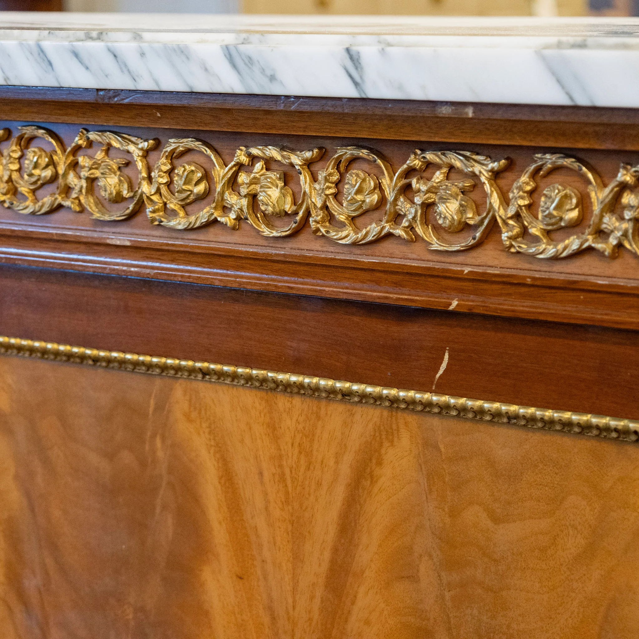 Louis XVI Mahogany Demilune Sideboard – Bronze Laurel Trim & White Marble Top - Image 13