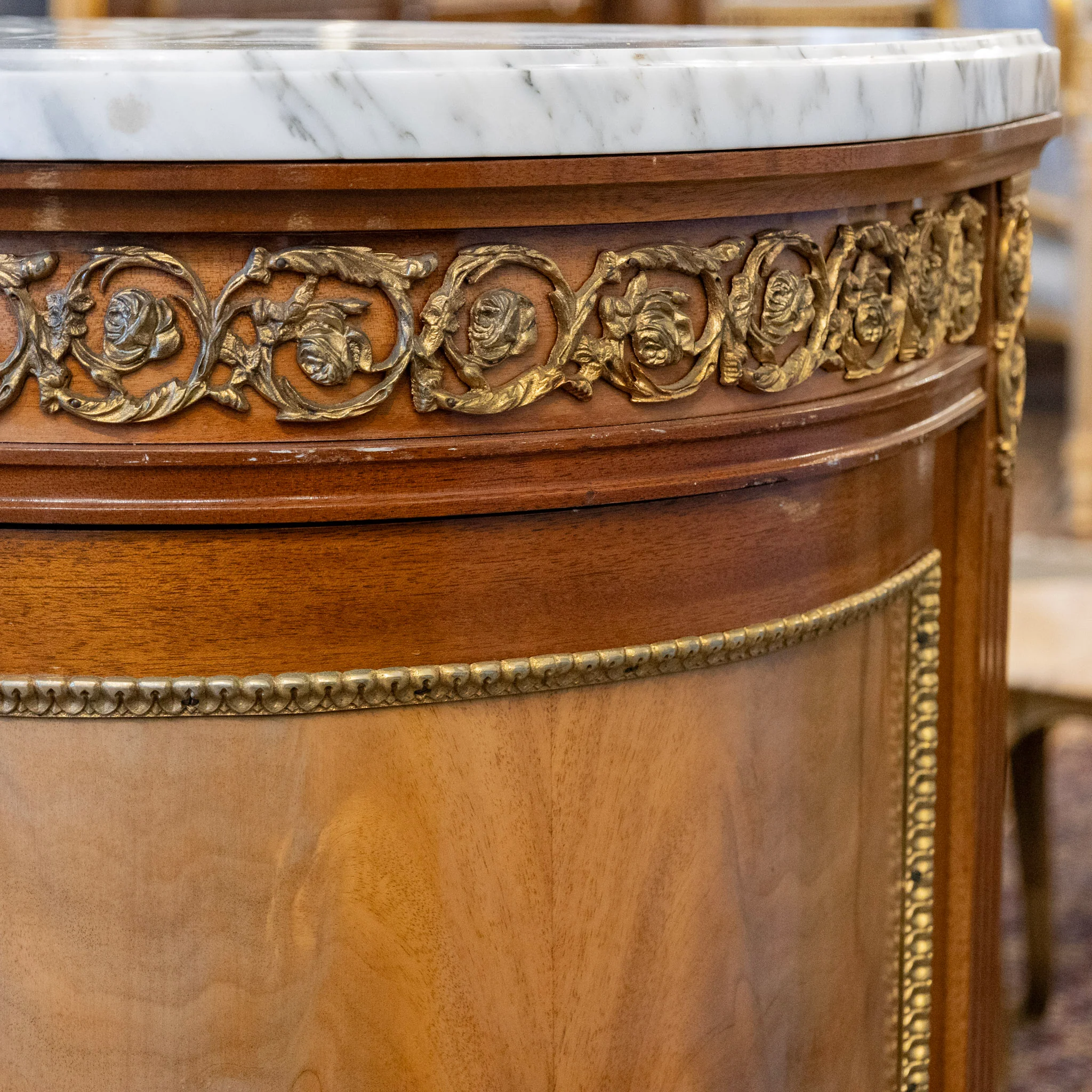 Louis XVI Mahogany Demilune Sideboard – Bronze Laurel Trim & White Marble Top - Image 15