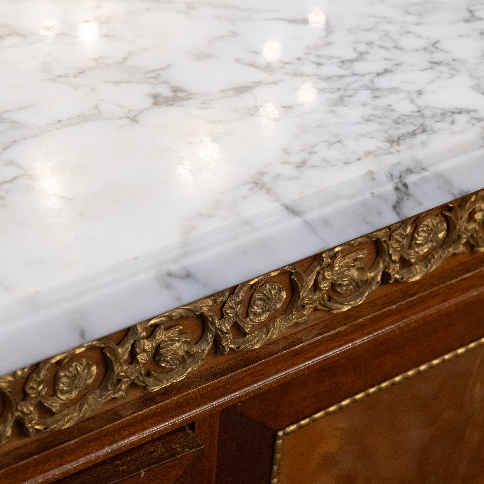Louis XVI Mahogany Demilune Sideboard – Bronze Laurel Trim & White Marble Top - Image 16