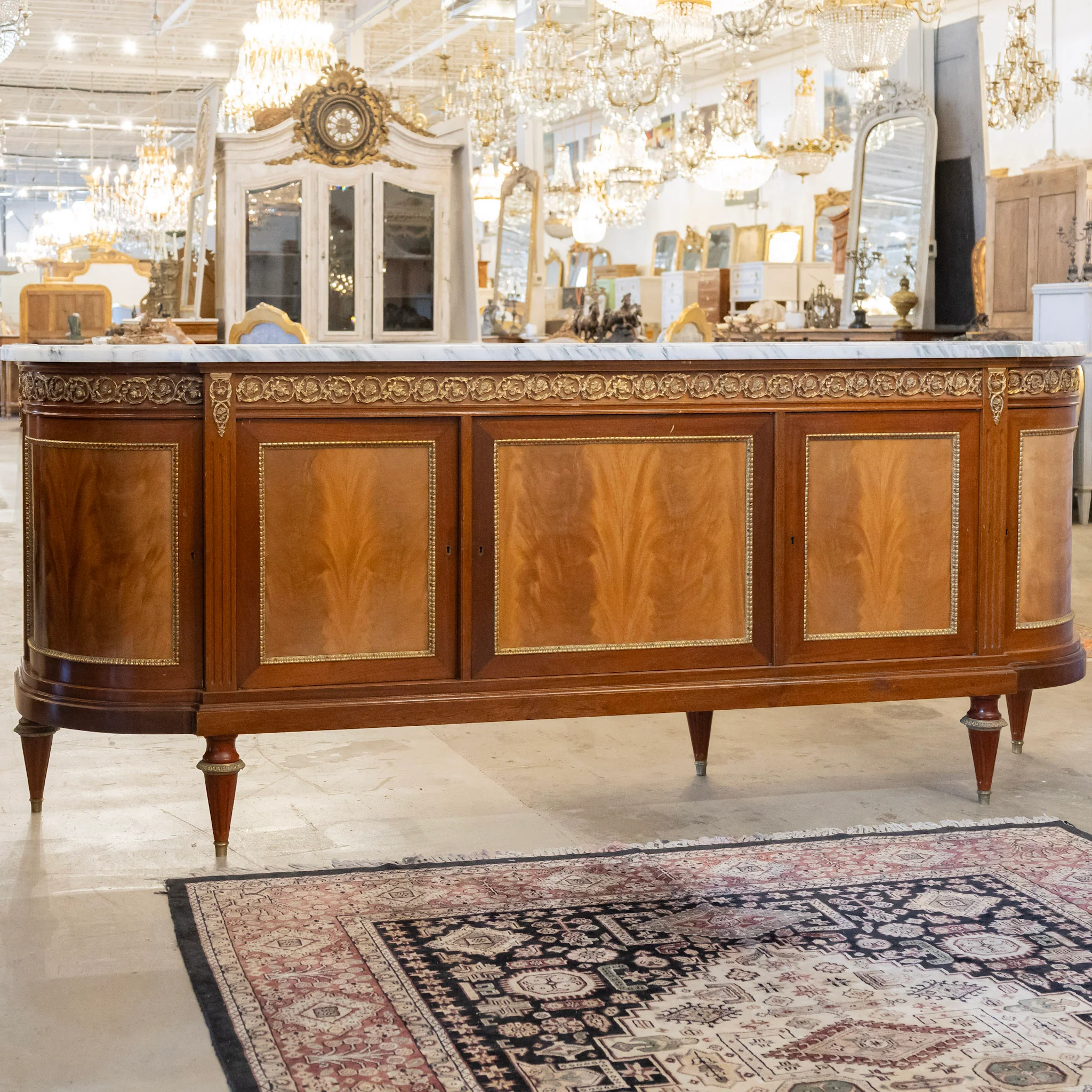 Louis XVI Mahogany Demilune Sideboard – Bronze Laurel Trim & White Marble Top - Image 2