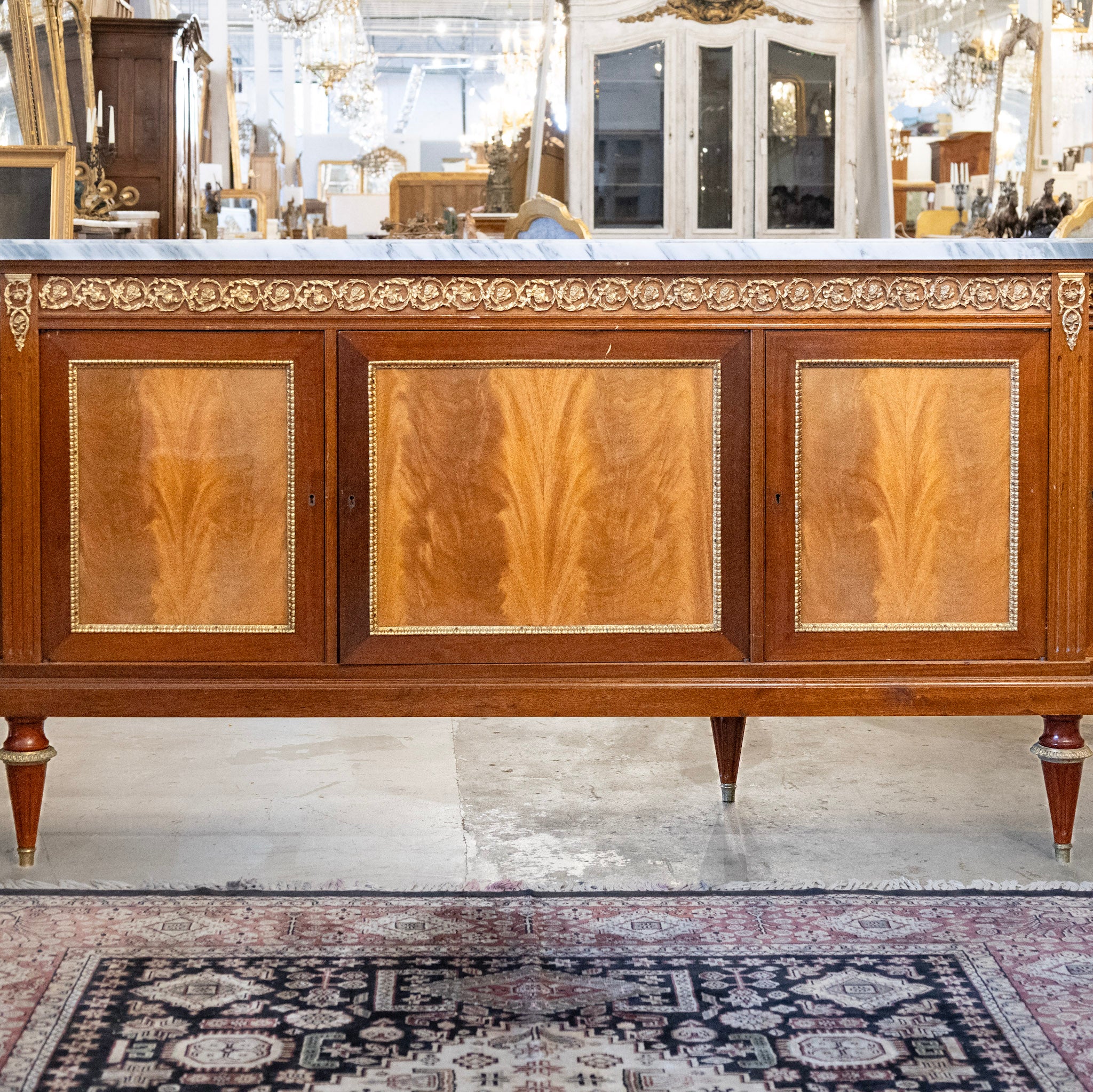 Louis XVI Mahogany Demilune Sideboard – Bronze Laurel Trim & White Marble Top - Image 3