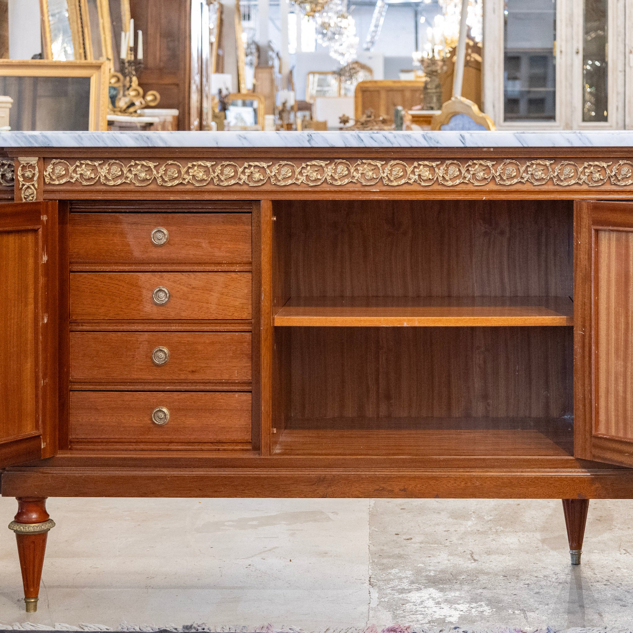 Louis XVI Mahogany Demilune Sideboard – Bronze Laurel Trim & White Marble Top - Image 4