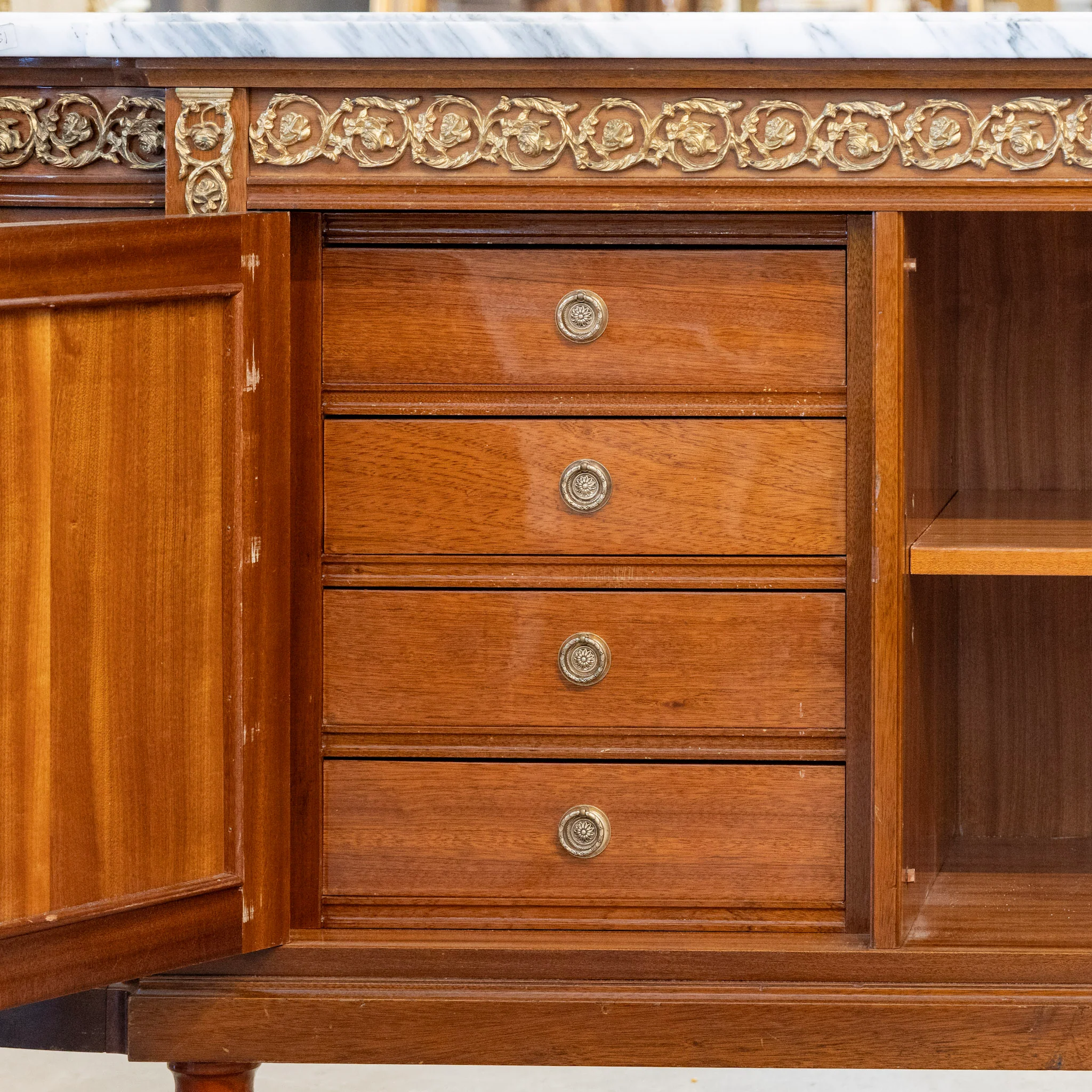 Louis XVI Mahogany Demilune Sideboard – Bronze Laurel Trim & White Marble Top - Image 5