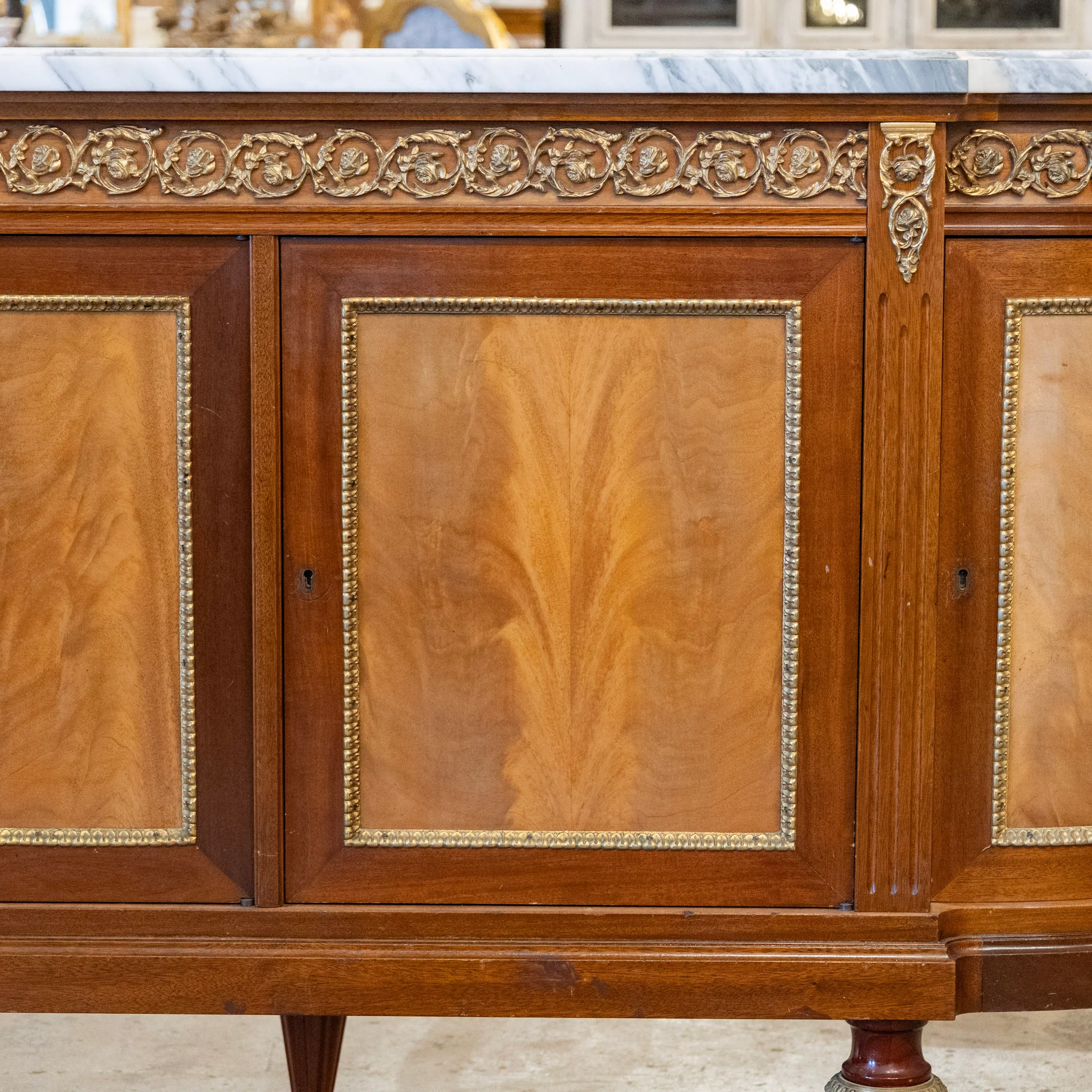 Louis XVI Mahogany Demilune Sideboard – Bronze Laurel Trim & White Marble Top - Image 6