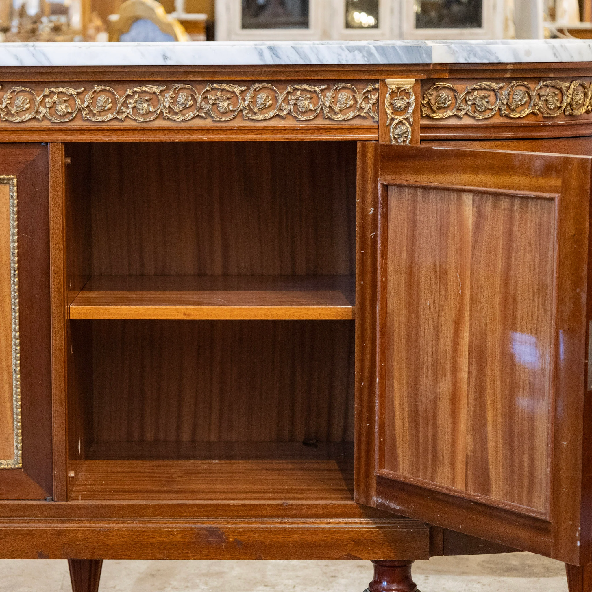 Louis XVI Mahogany Demilune Sideboard – Bronze Laurel Trim & White Marble Top - Image 7