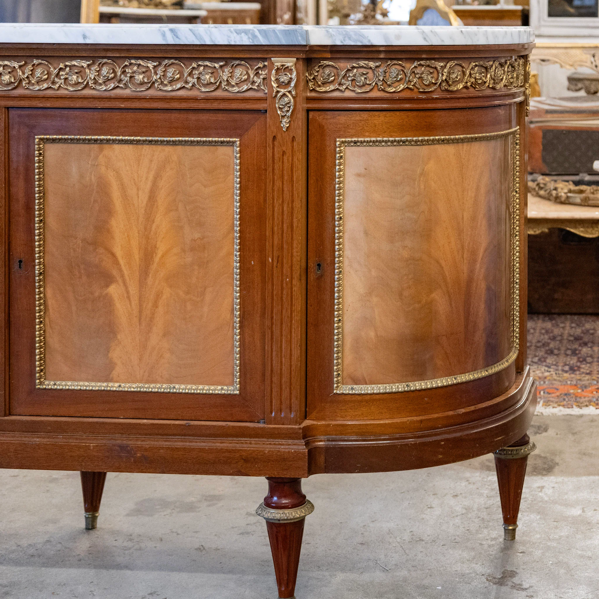 Louis XVI Mahogany Demilune Sideboard – Bronze Laurel Trim & White Marble Top - Image 8