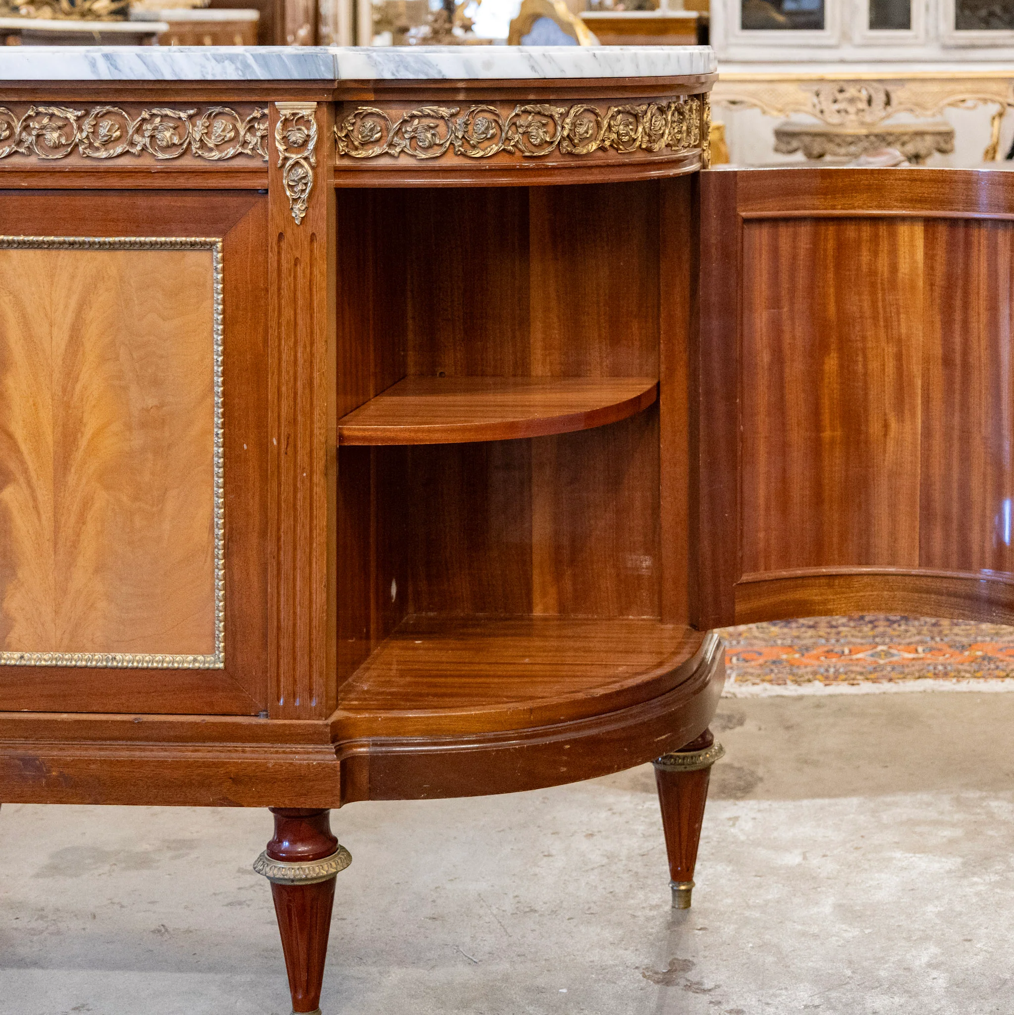 Louis XVI Mahogany Demilune Sideboard – Bronze Laurel Trim & White Marble Top - Image 9