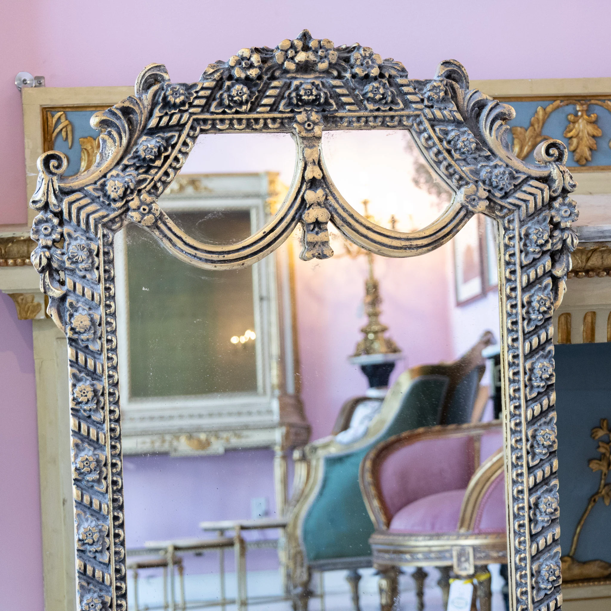 Louis XVI Mirror – Carved Floral Garland Frame with Aged Patina - Image 2