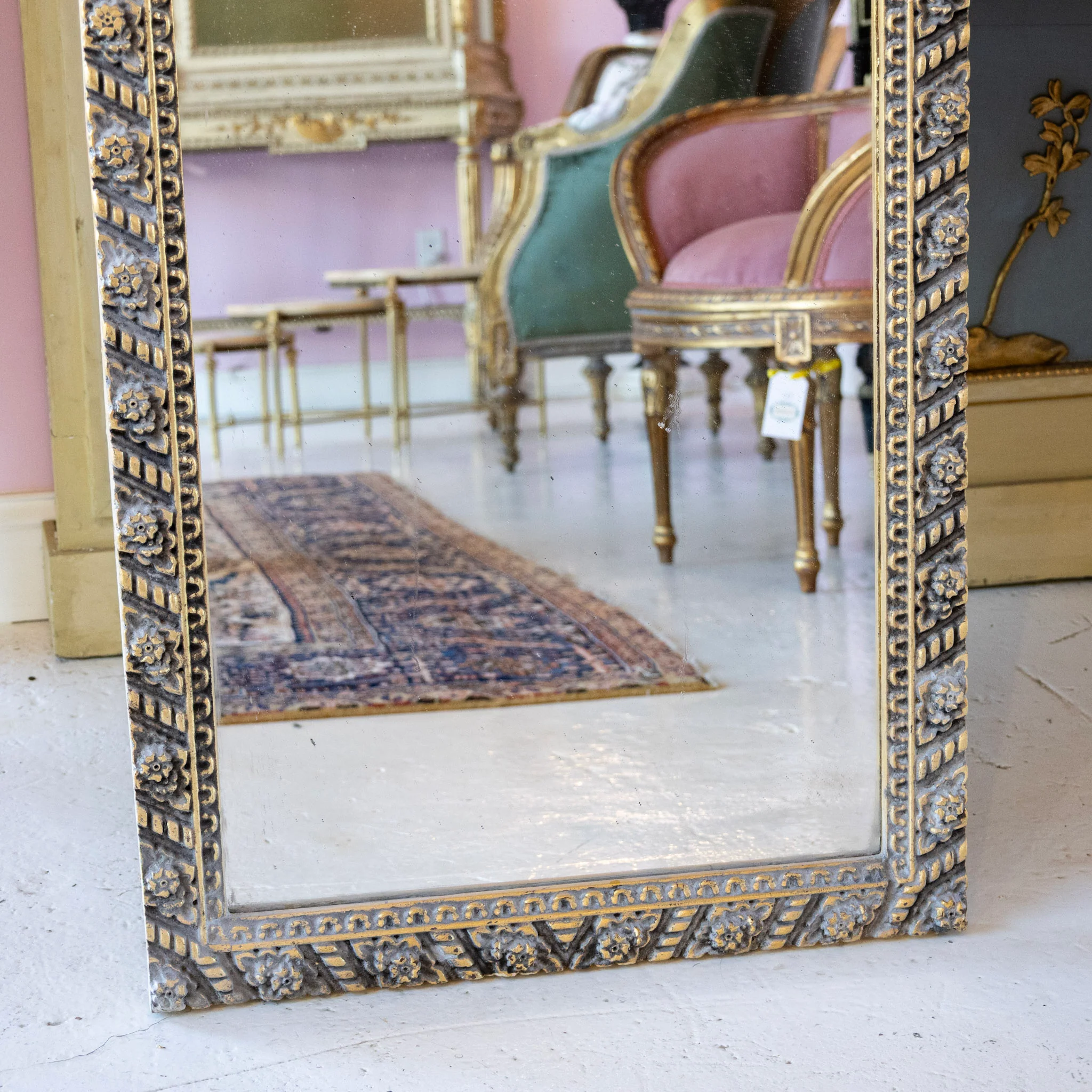 Louis XVI Mirror – Carved Floral Garland Frame with Aged Patina - Image 3