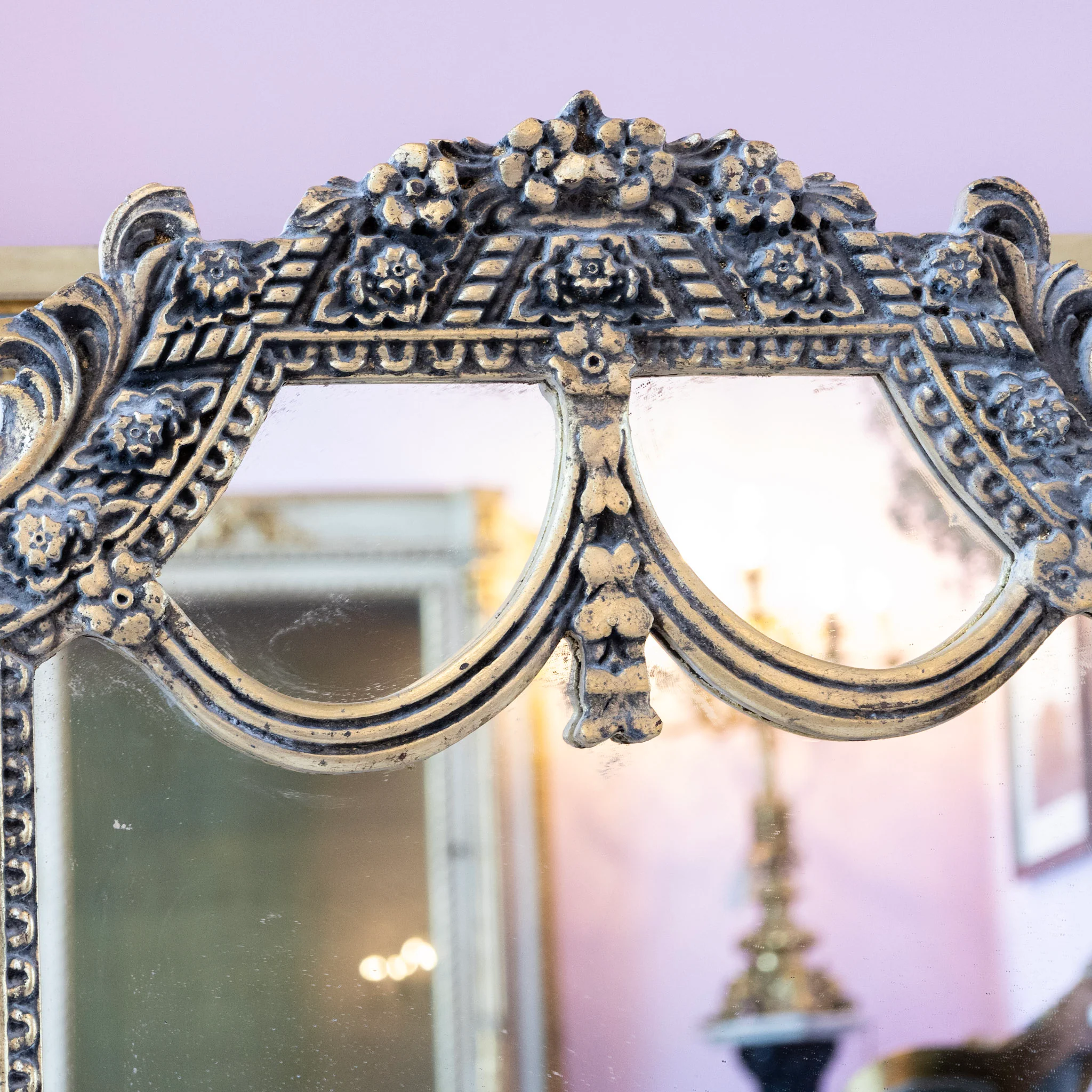 Louis XVI Mirror – Carved Floral Garland Frame with Aged Patina - Image 4