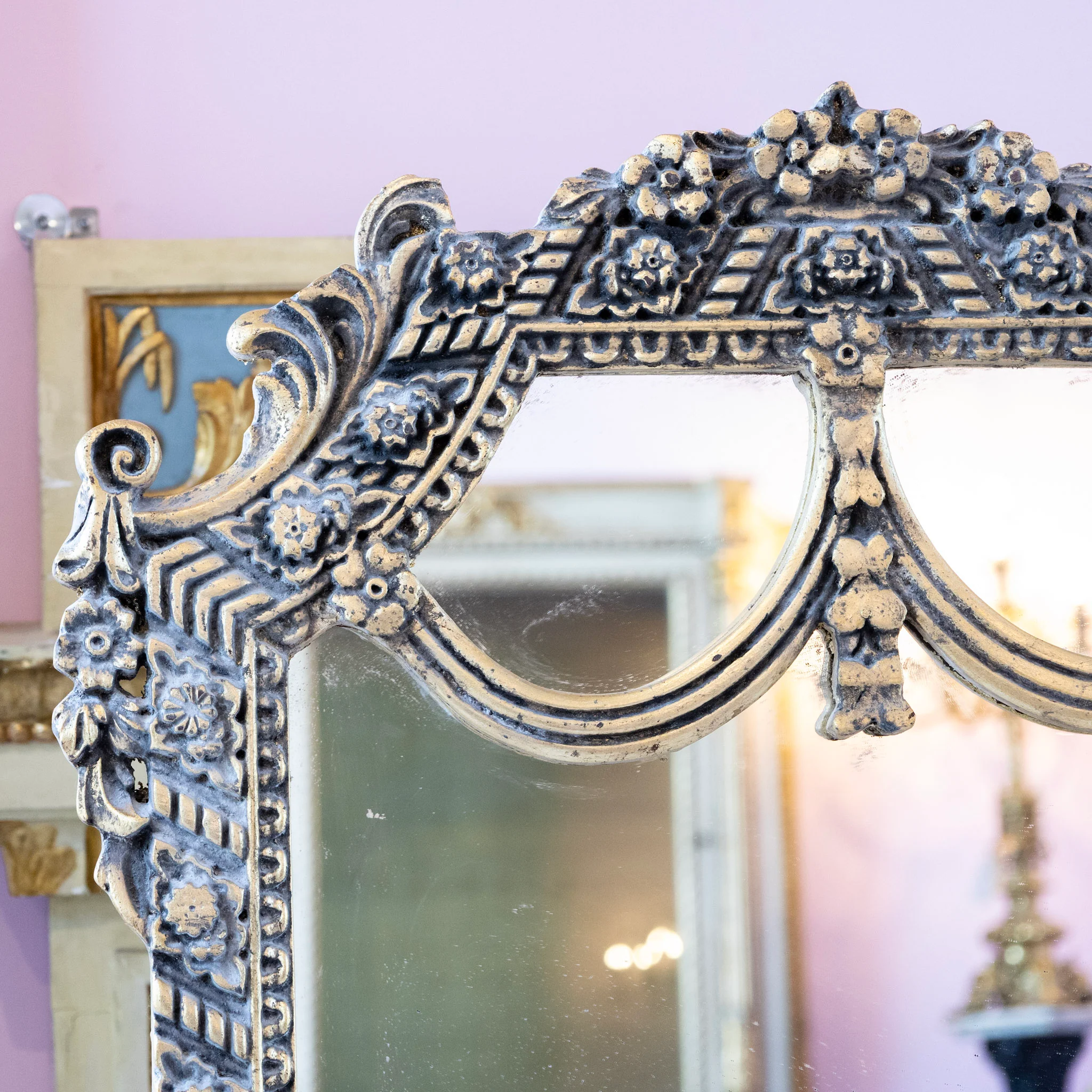 Louis XVI Mirror – Carved Floral Garland Frame with Aged Patina - Image 6