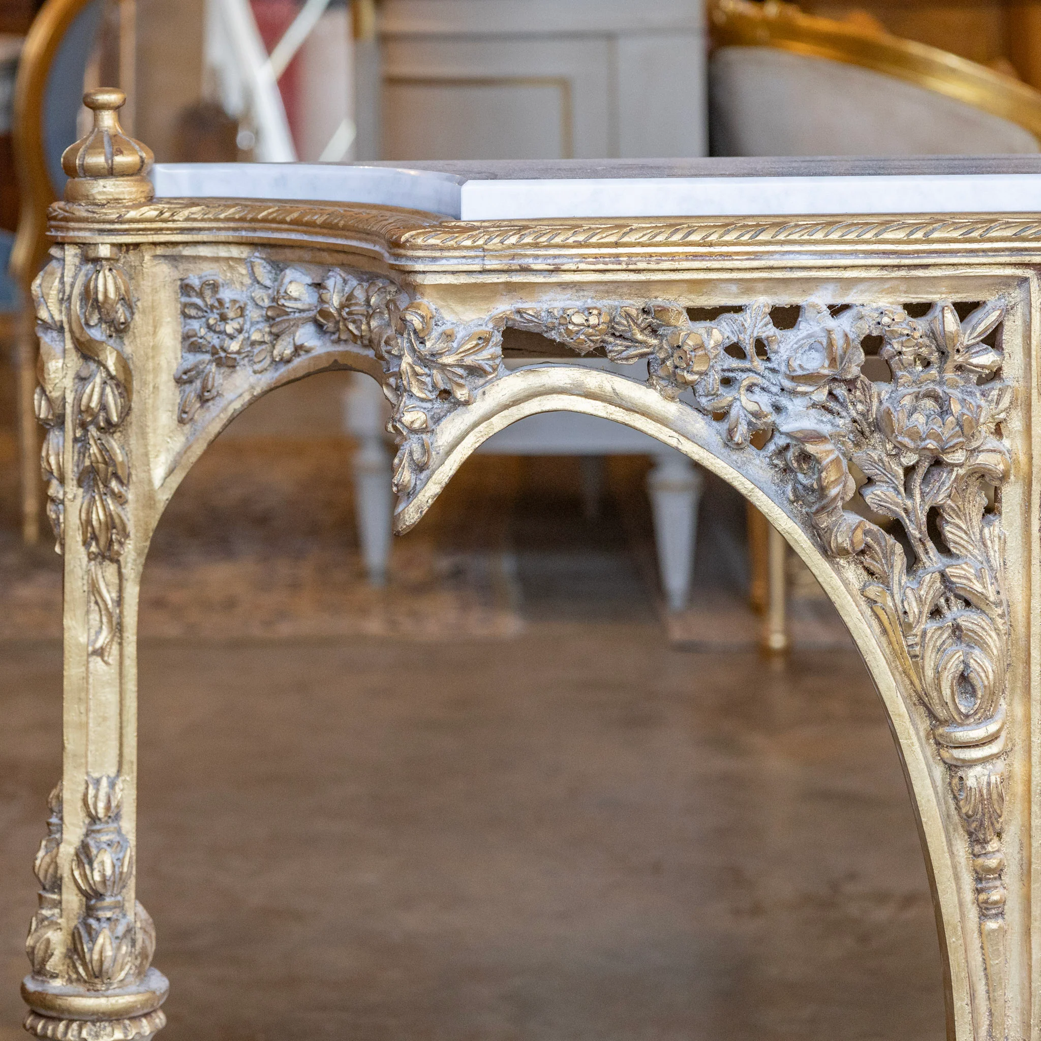 Louis XVI Ornate Gilded Console Table – Hand-Carved Florals & White Marble Top - Image 11