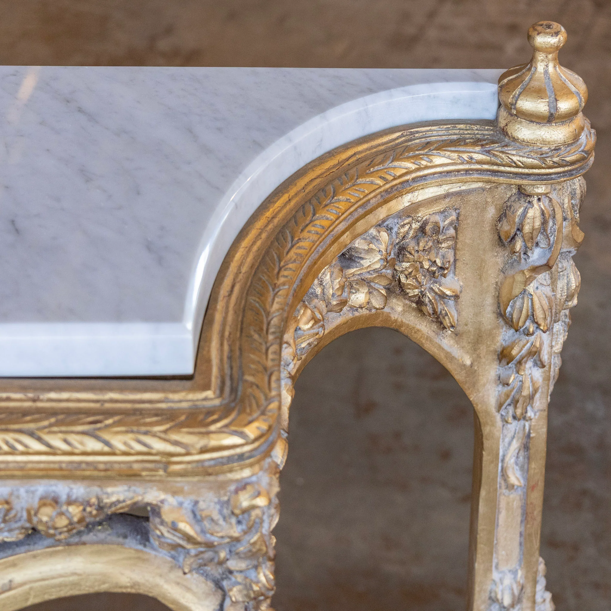 Louis XVI Ornate Gilded Console Table – Hand-Carved Florals & White Marble Top - Image 12