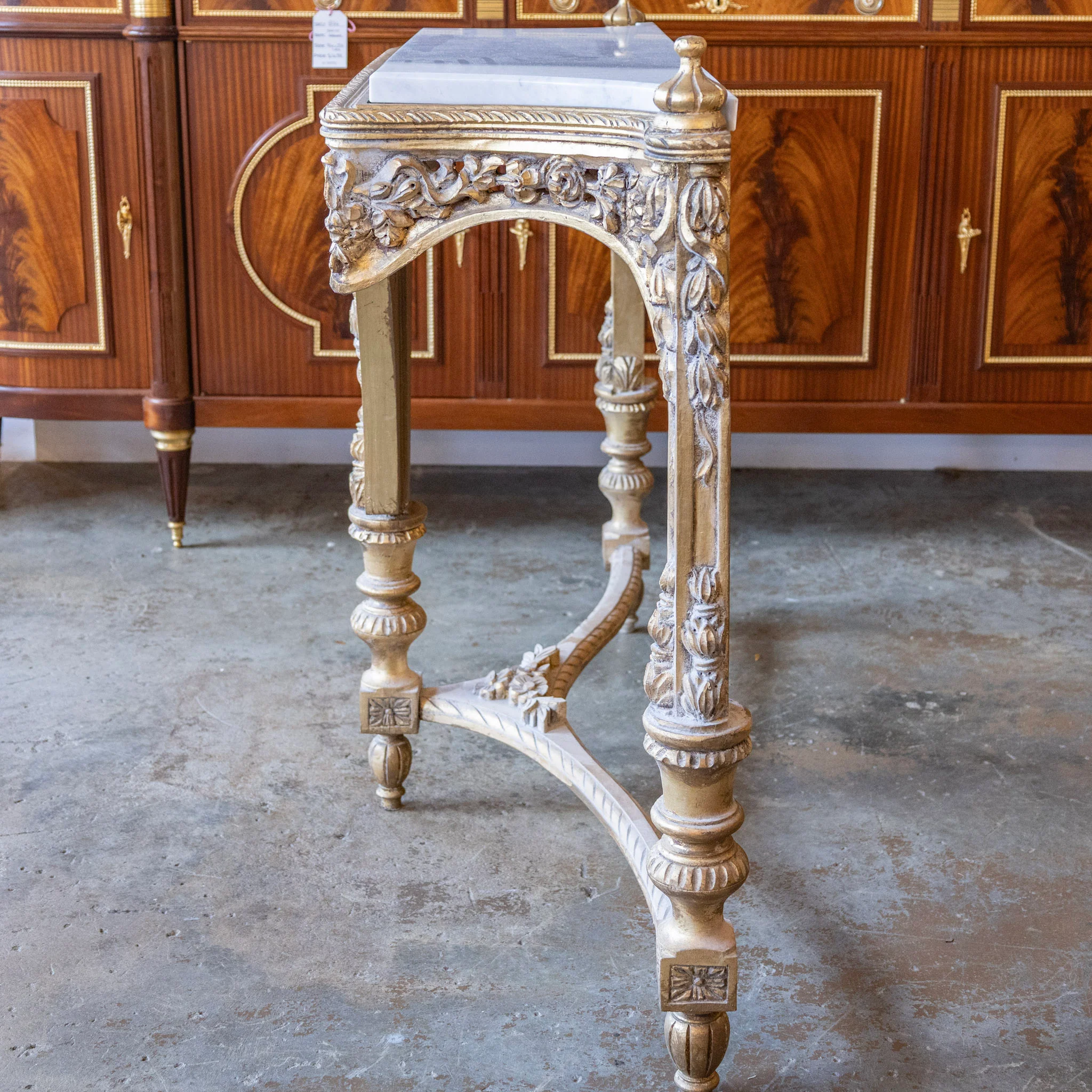 Louis XVI Ornate Gilded Console Table – Hand-Carved Florals & White Marble Top - Image 14