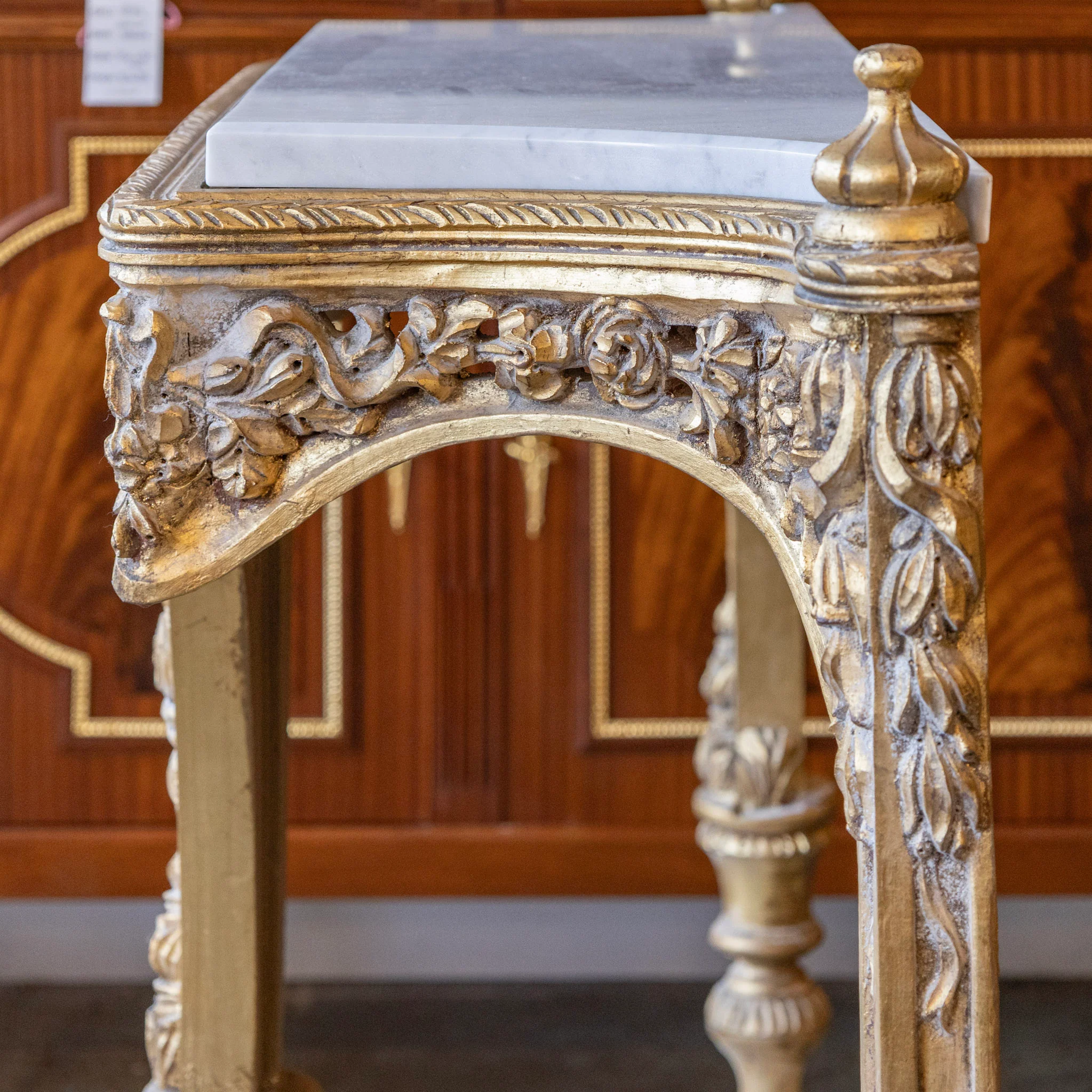 Louis XVI Ornate Gilded Console Table – Hand-Carved Florals & White Marble Top - Image 15