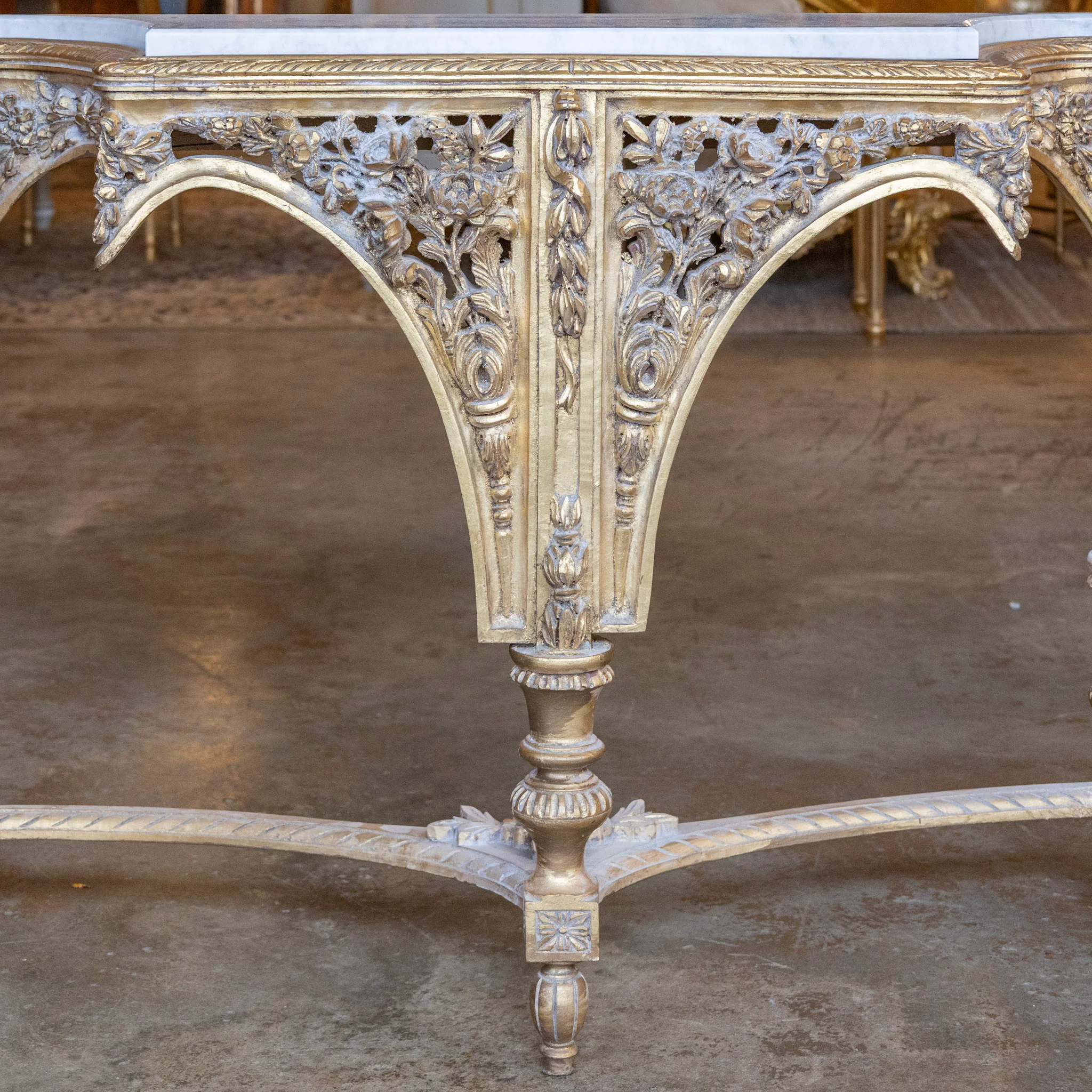 Louis XVI Ornate Gilded Console Table – Hand-Carved Florals & White Marble Top - Image 3