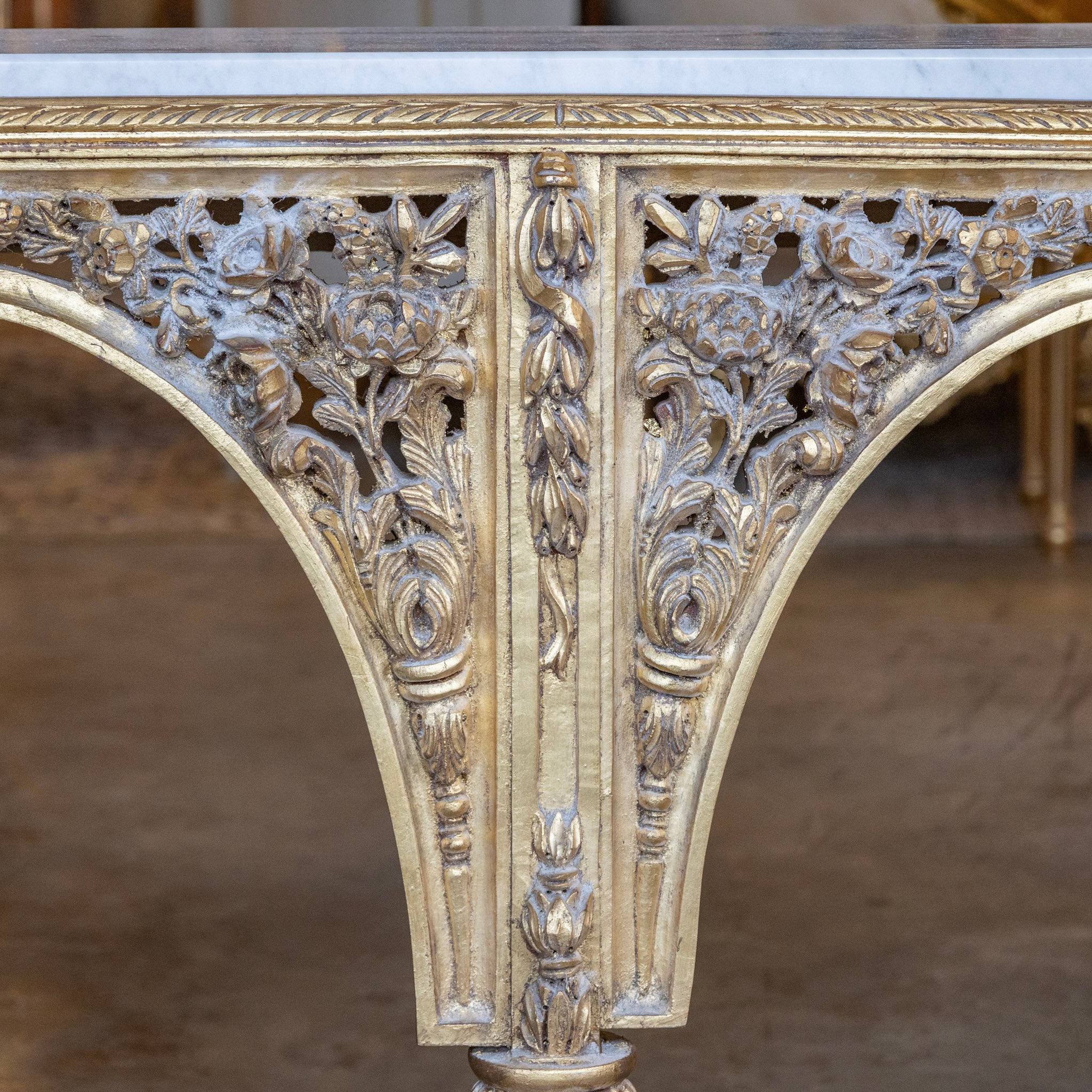 Louis XVI Ornate Gilded Console Table – Hand-Carved Florals & White Marble Top - Image 4